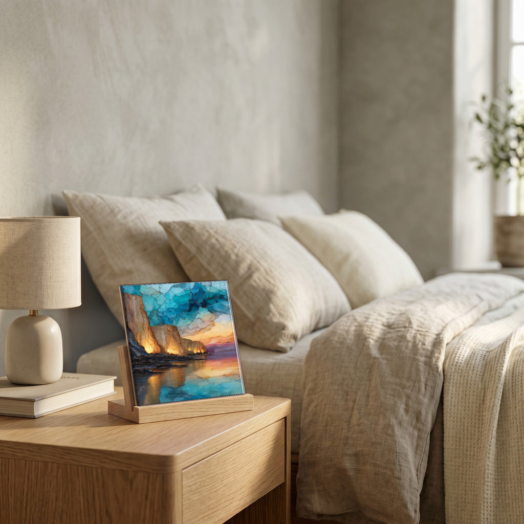 On the nightstand, on a light oak stand.