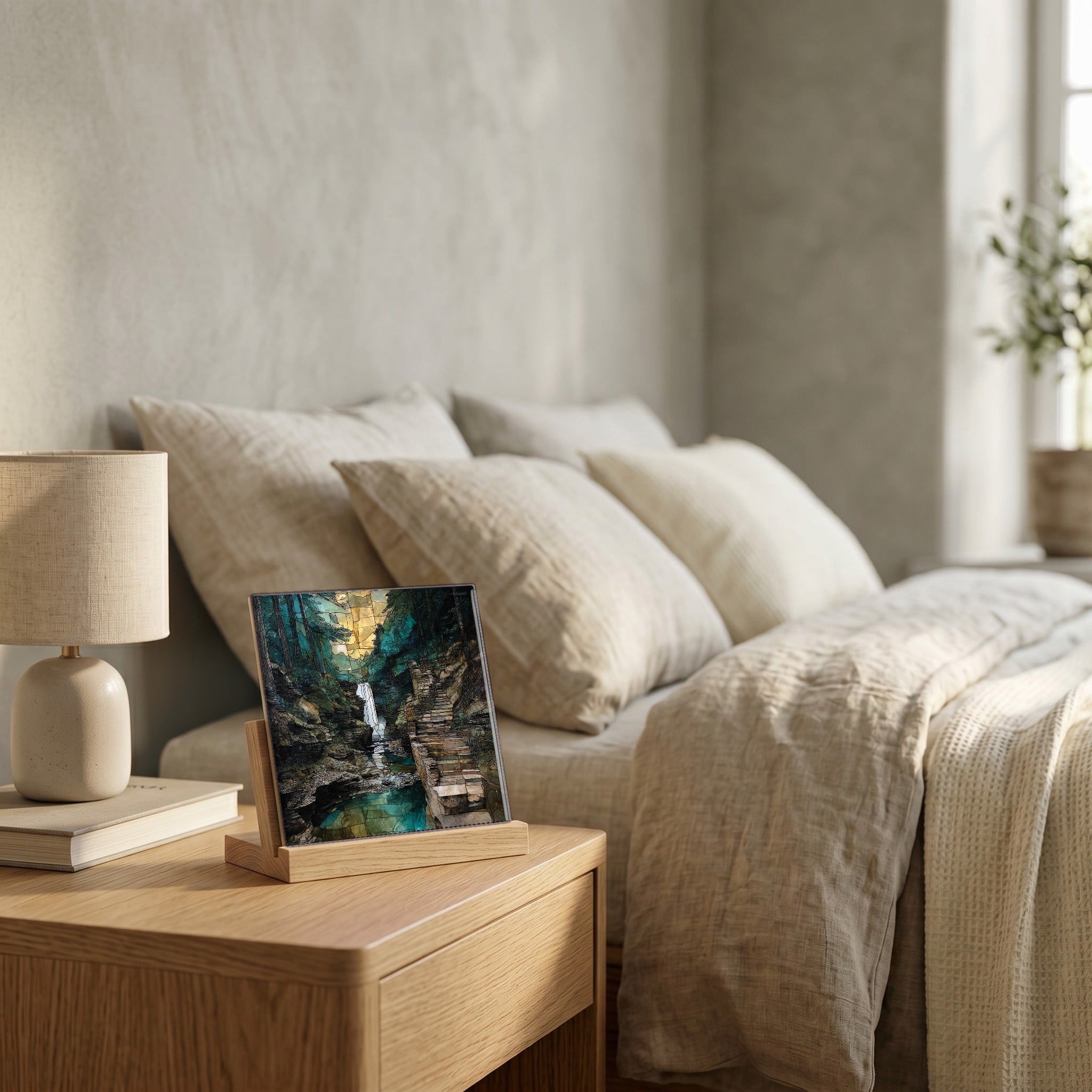 On the nightstand, catching the morning.