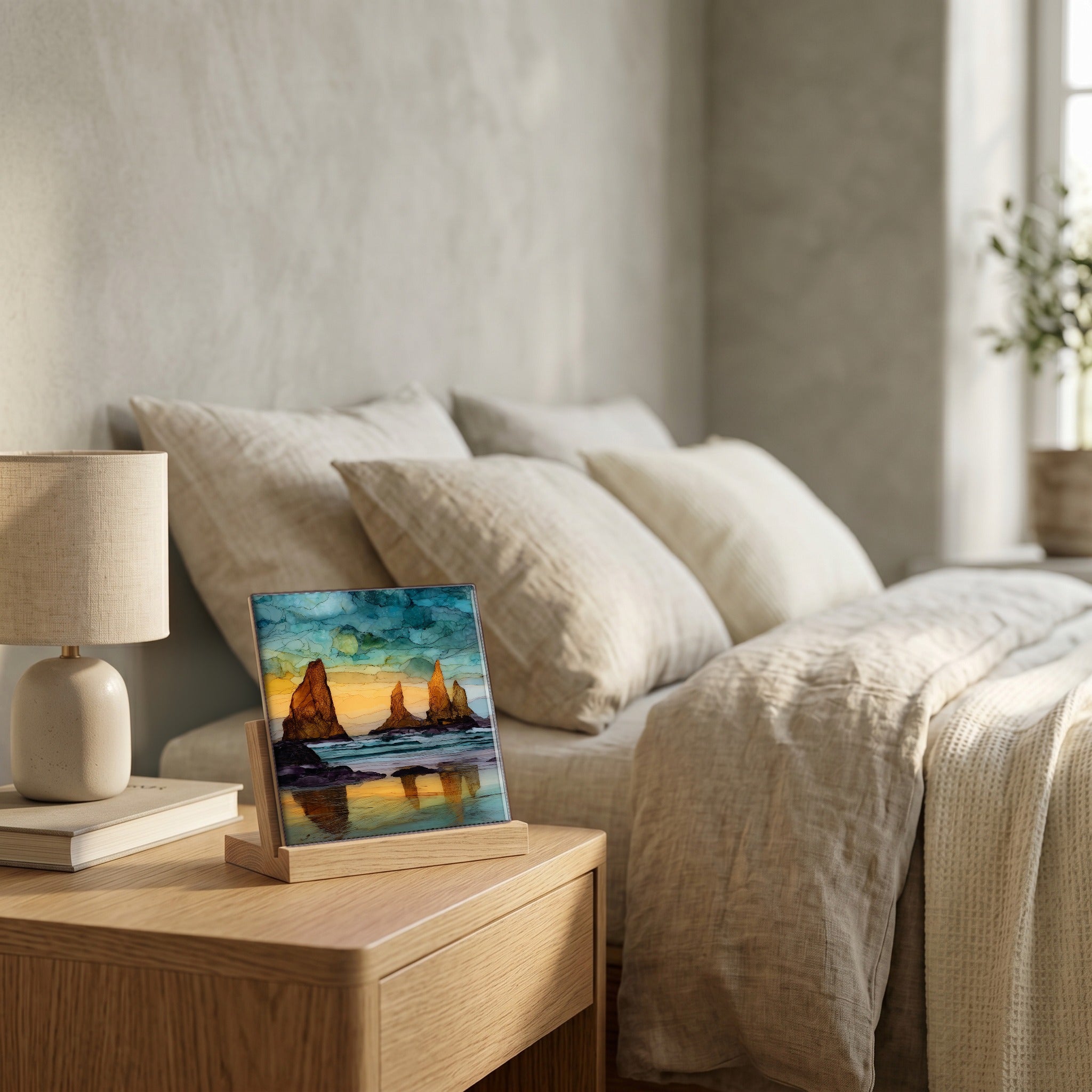On the nightstand, catching the morning.