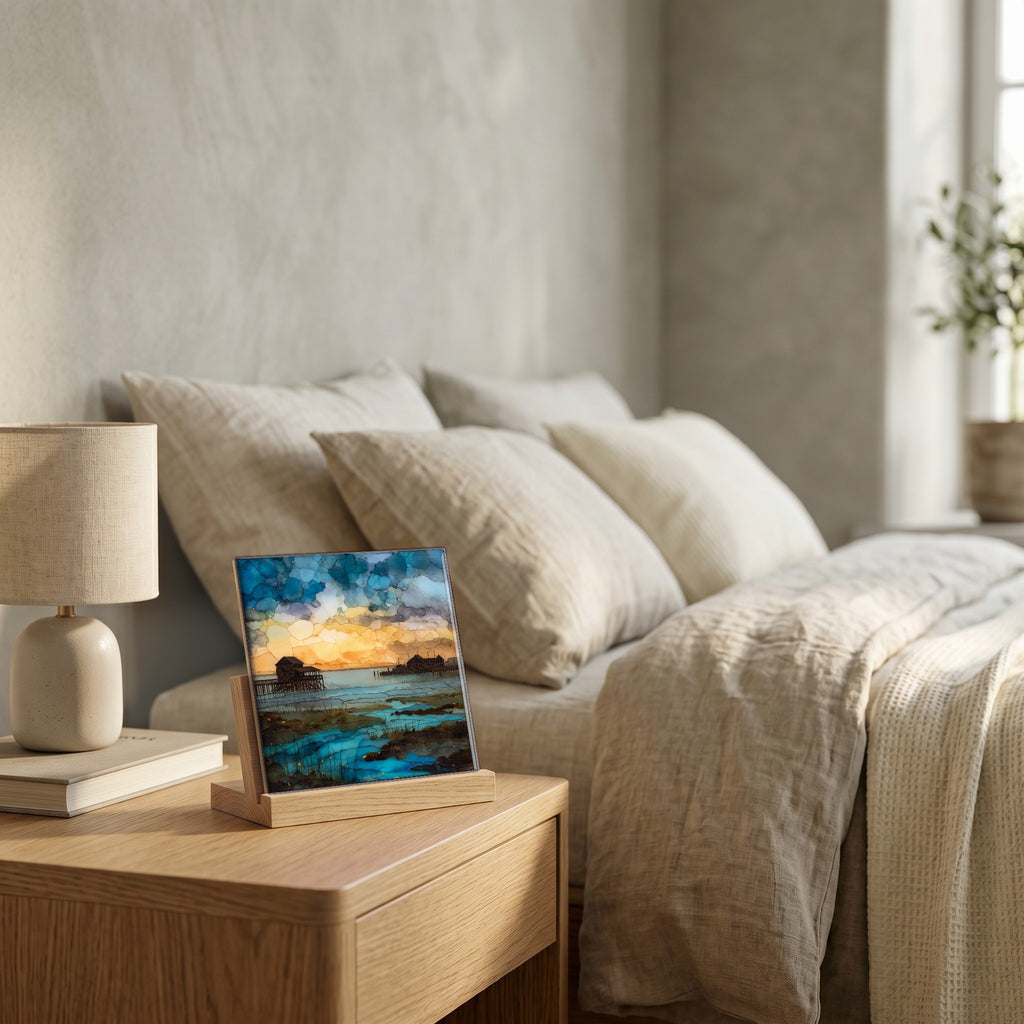 On the nightstand, catching the morning.