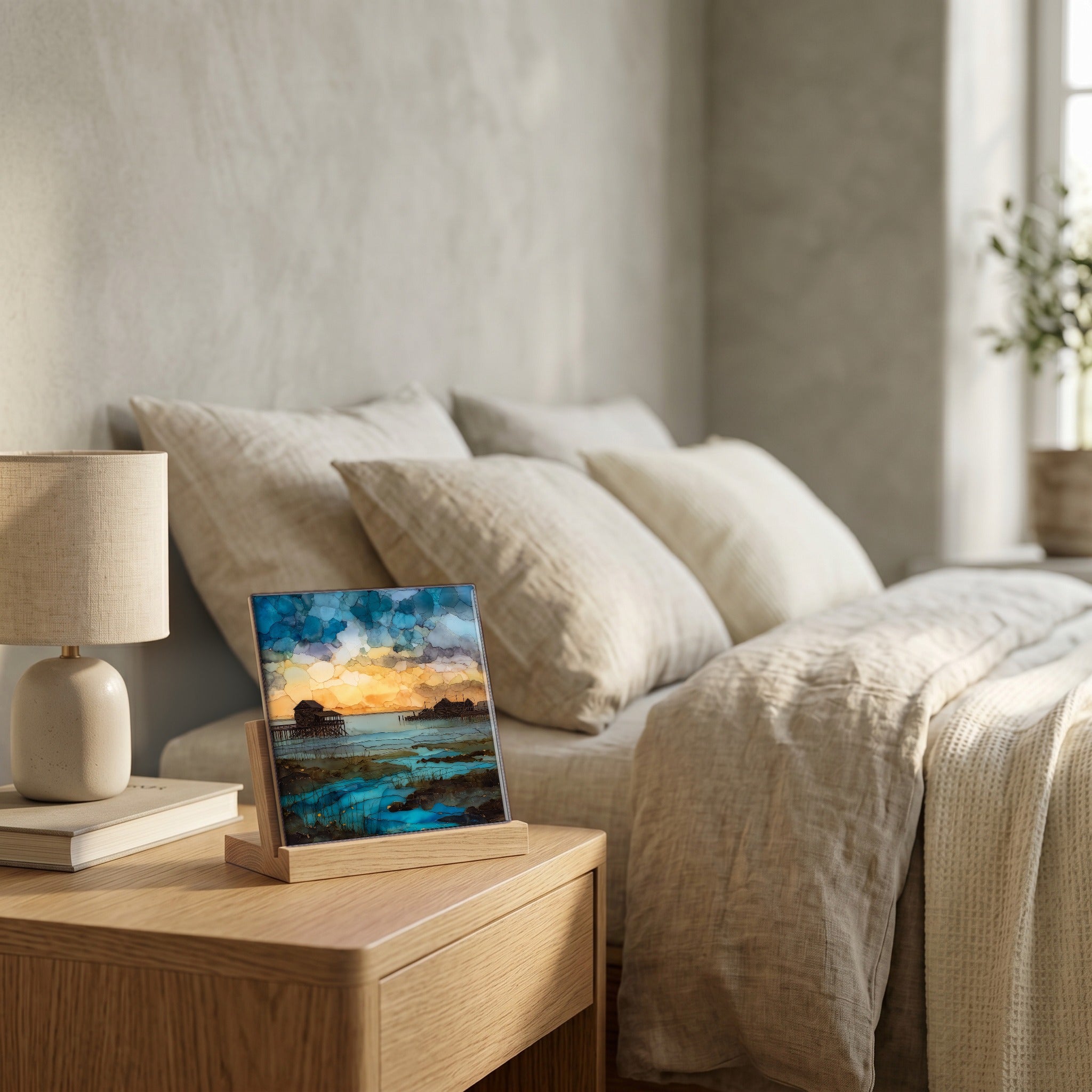 On the nightstand, catching the morning.