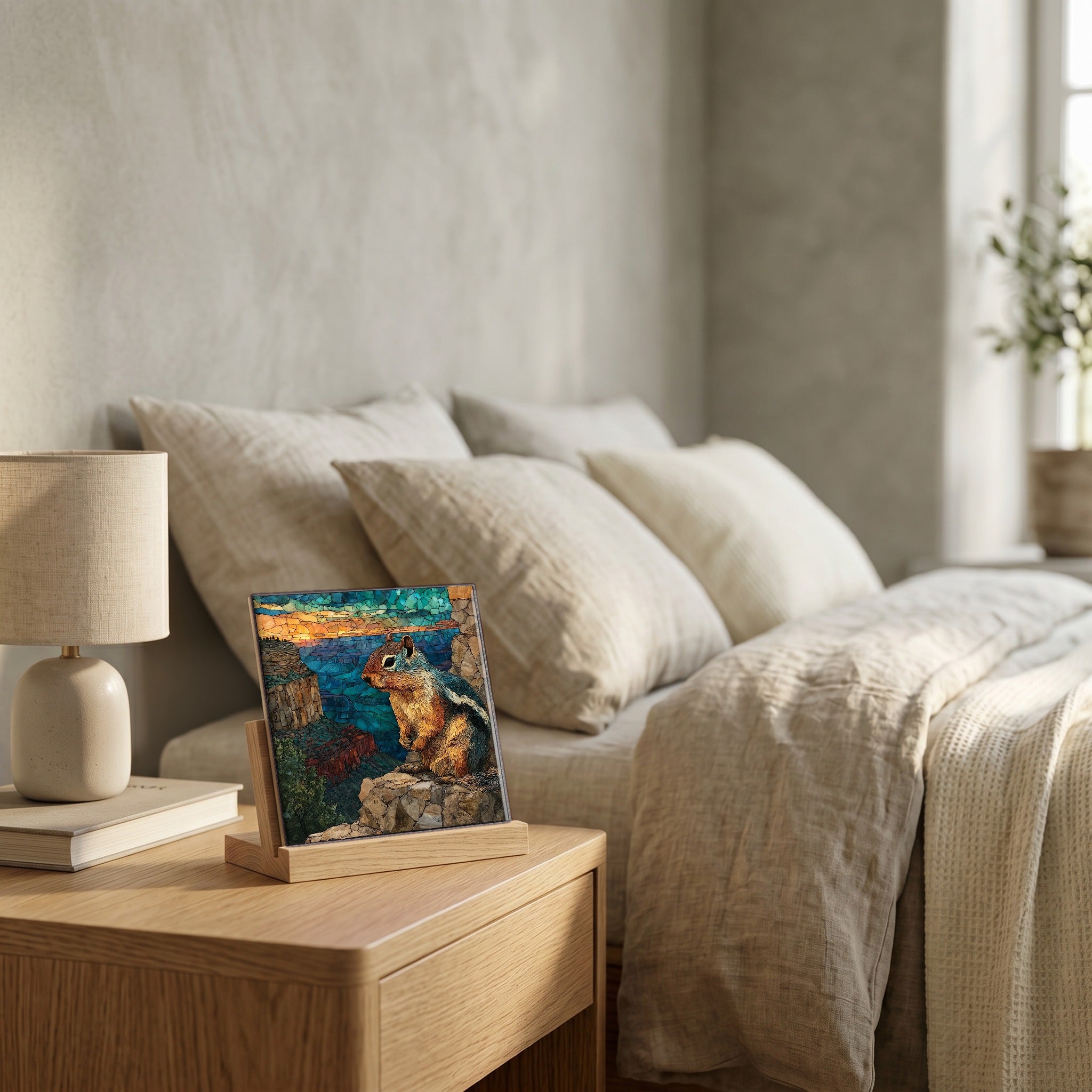 On the nightstand, catching the morning.