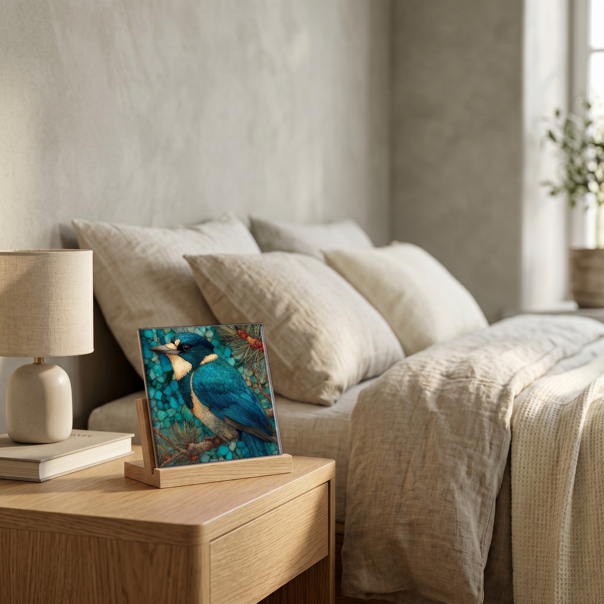On the nightstand, catching the morning.