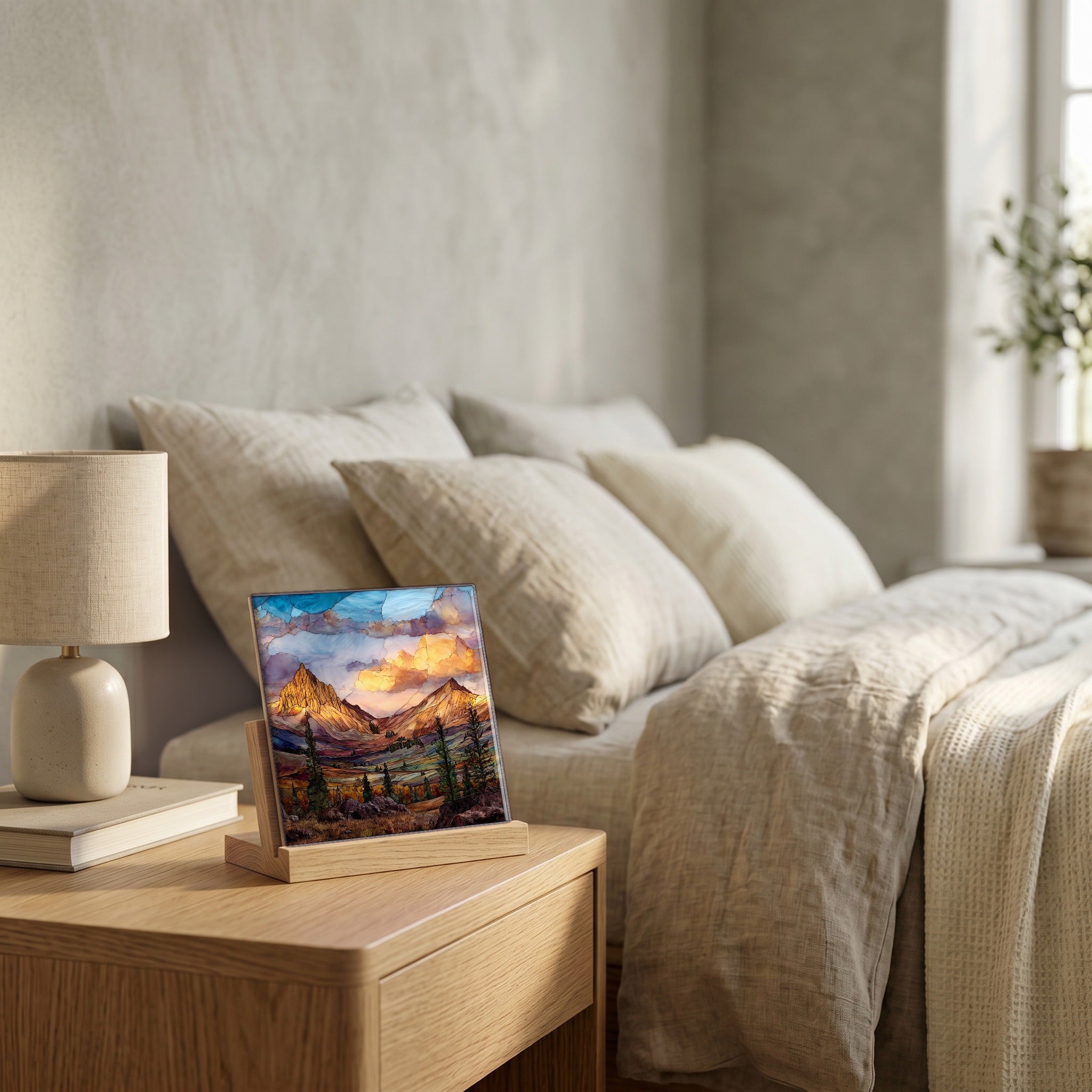 On the nightstand, catching the morning.