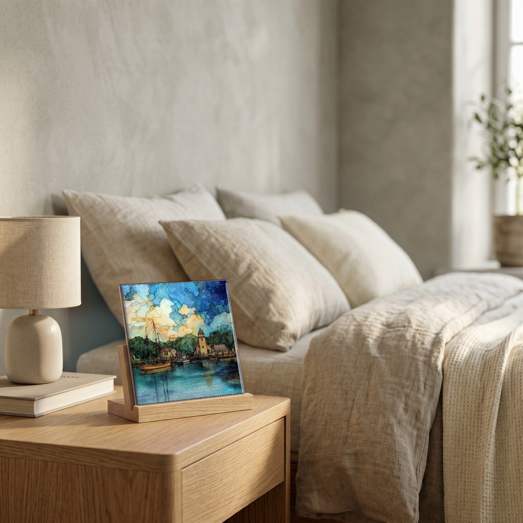 On the nightstand, catching the morning.