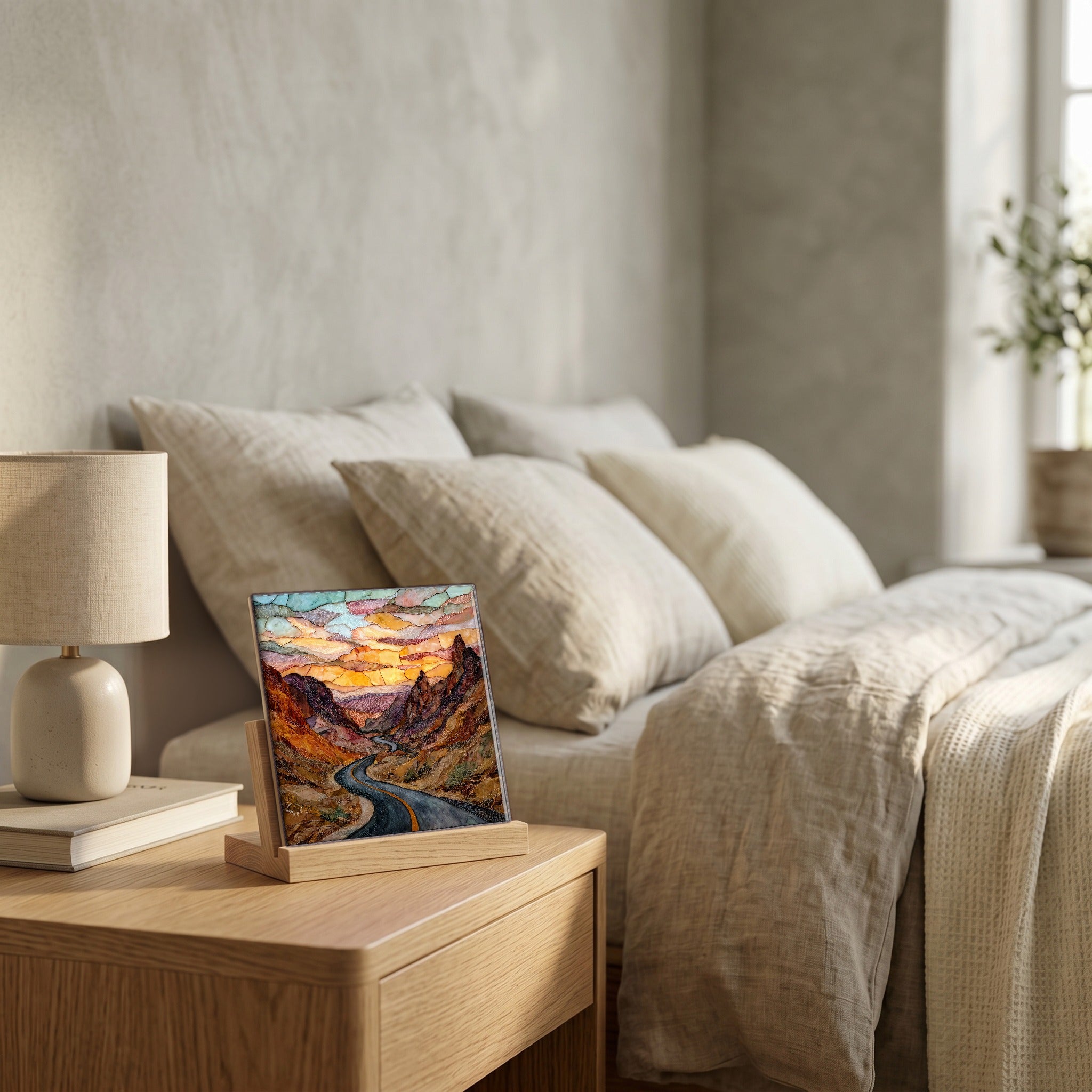 On the nightstand, catching the morning.
