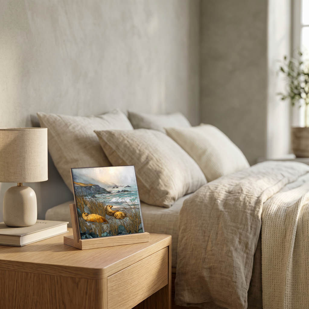 On the nightstand, catching the morning.