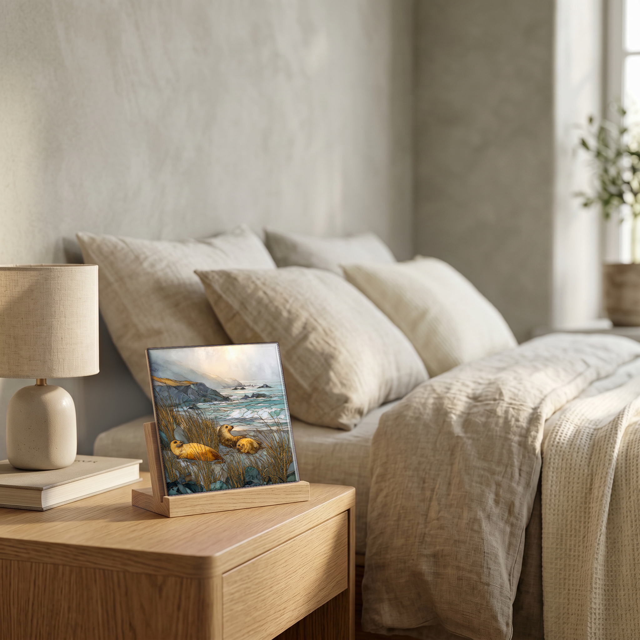 On the nightstand, catching the morning.