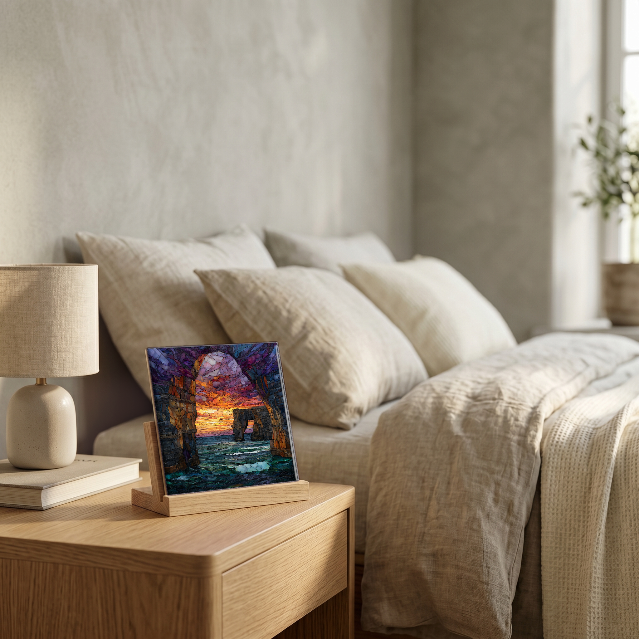 On the nightstand, on a light oak stand.