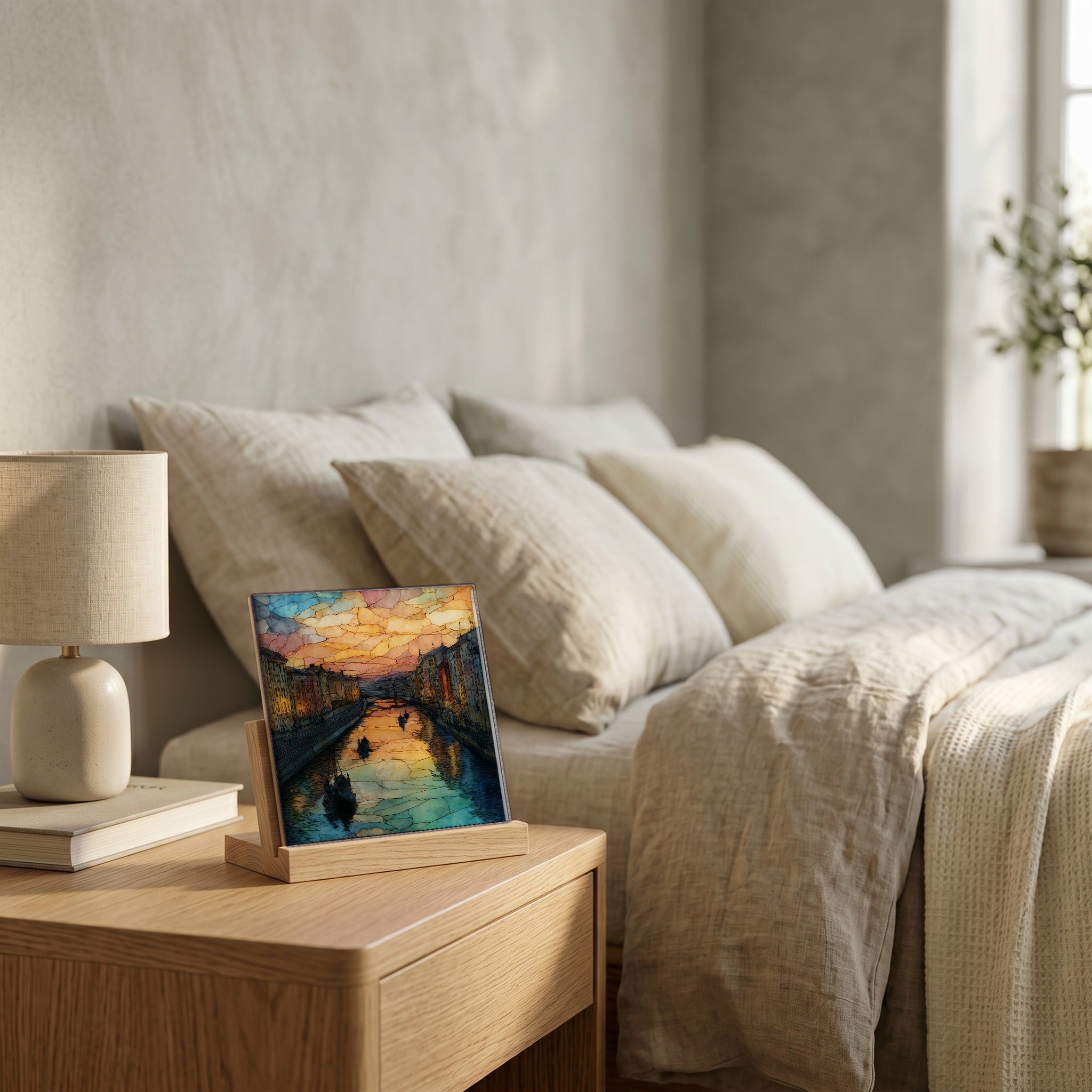 On the nightstand, on a light oak stand.