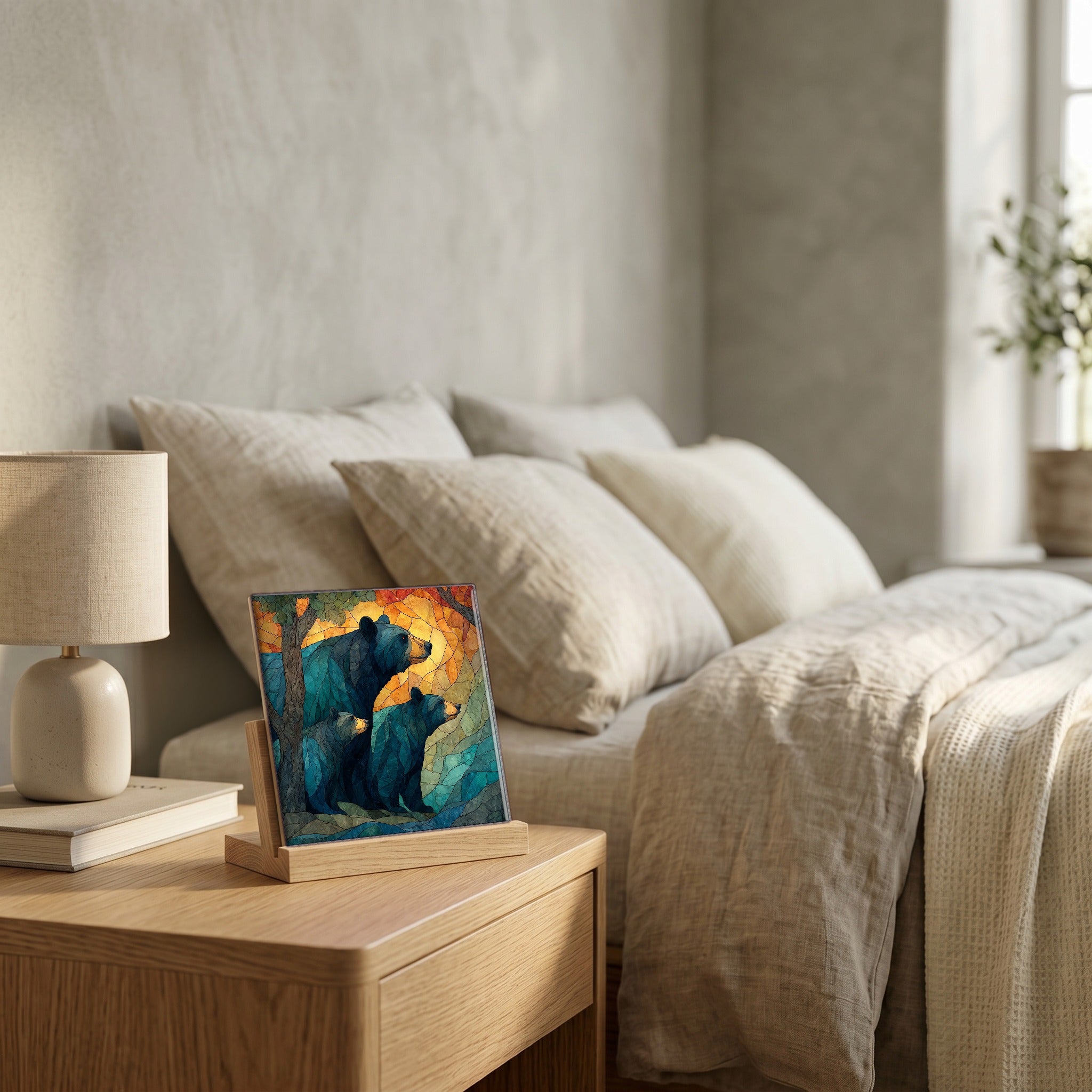 On the nightstand, catching the morning.