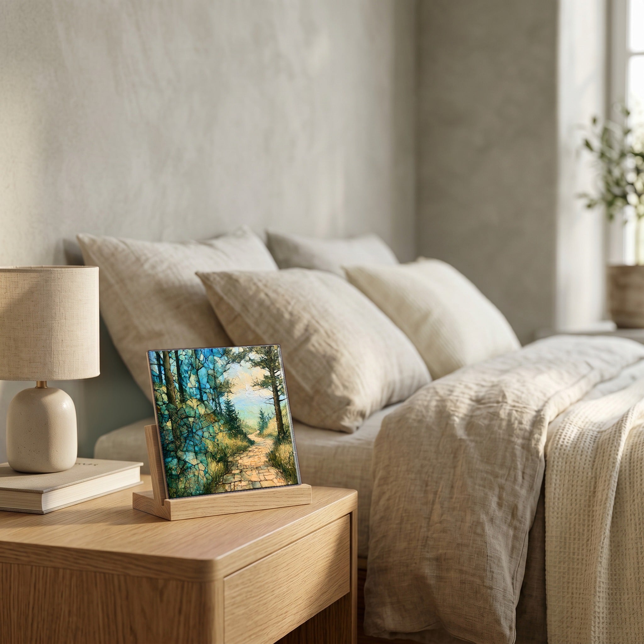 On the nightstand, catching the morning.
