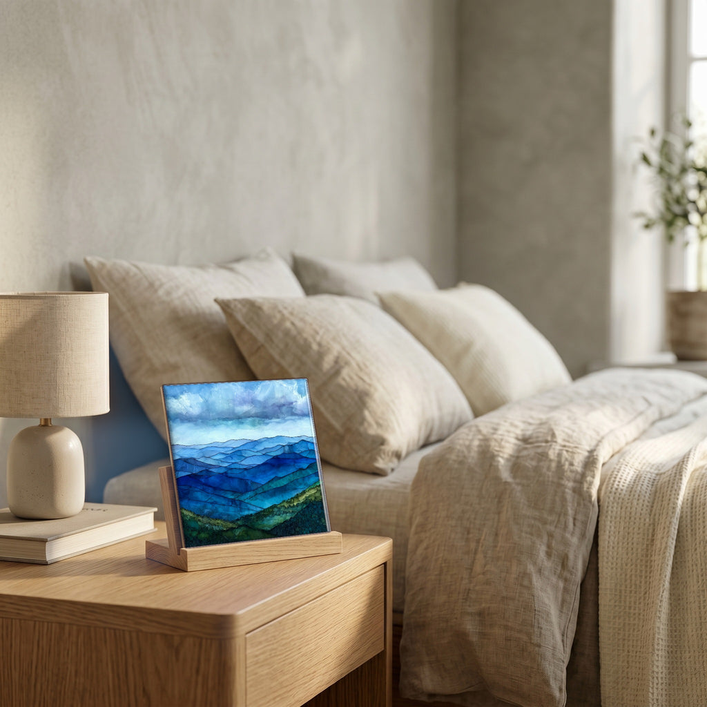 On the nightstand, catching the morning.