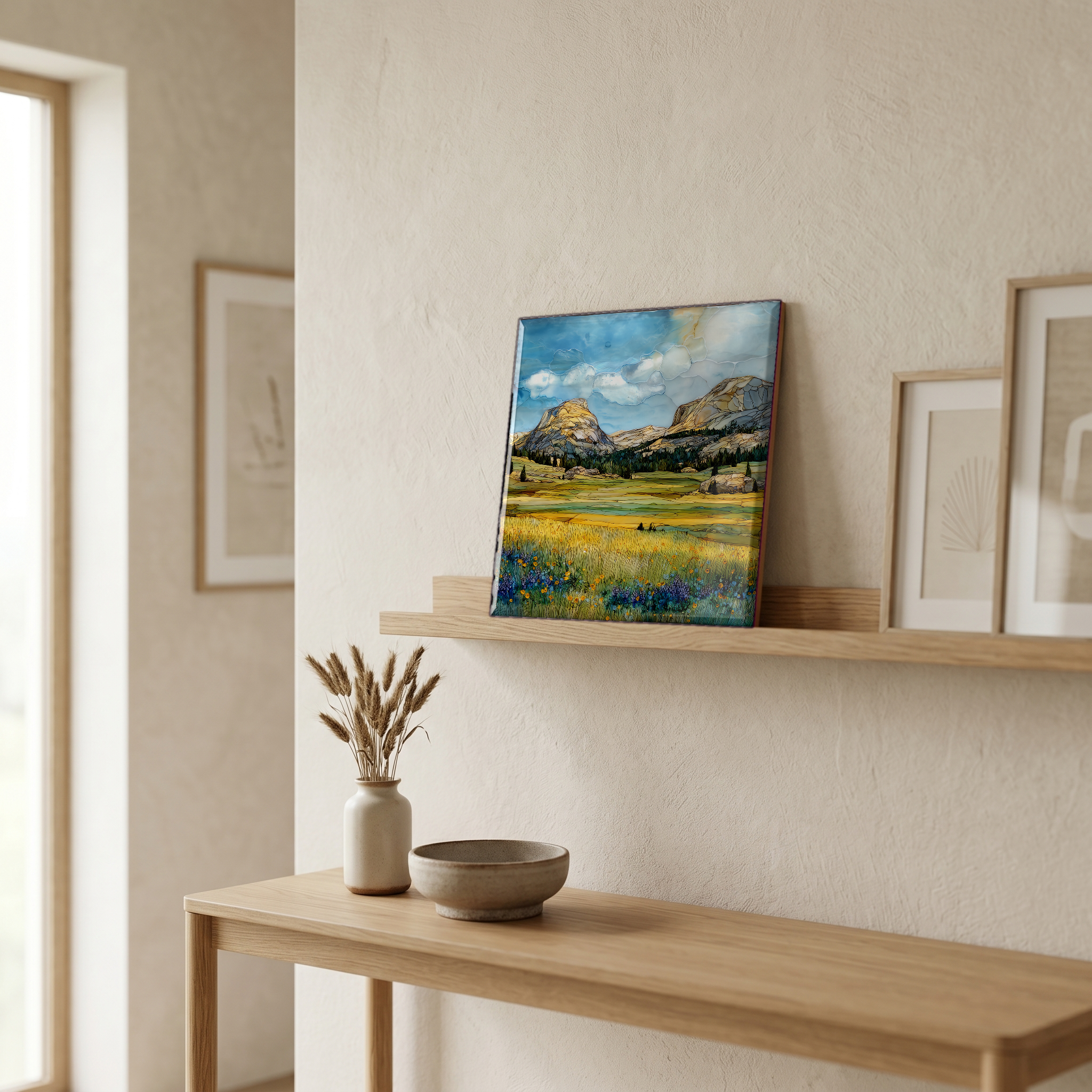On a picture ledge, where the light comes in.