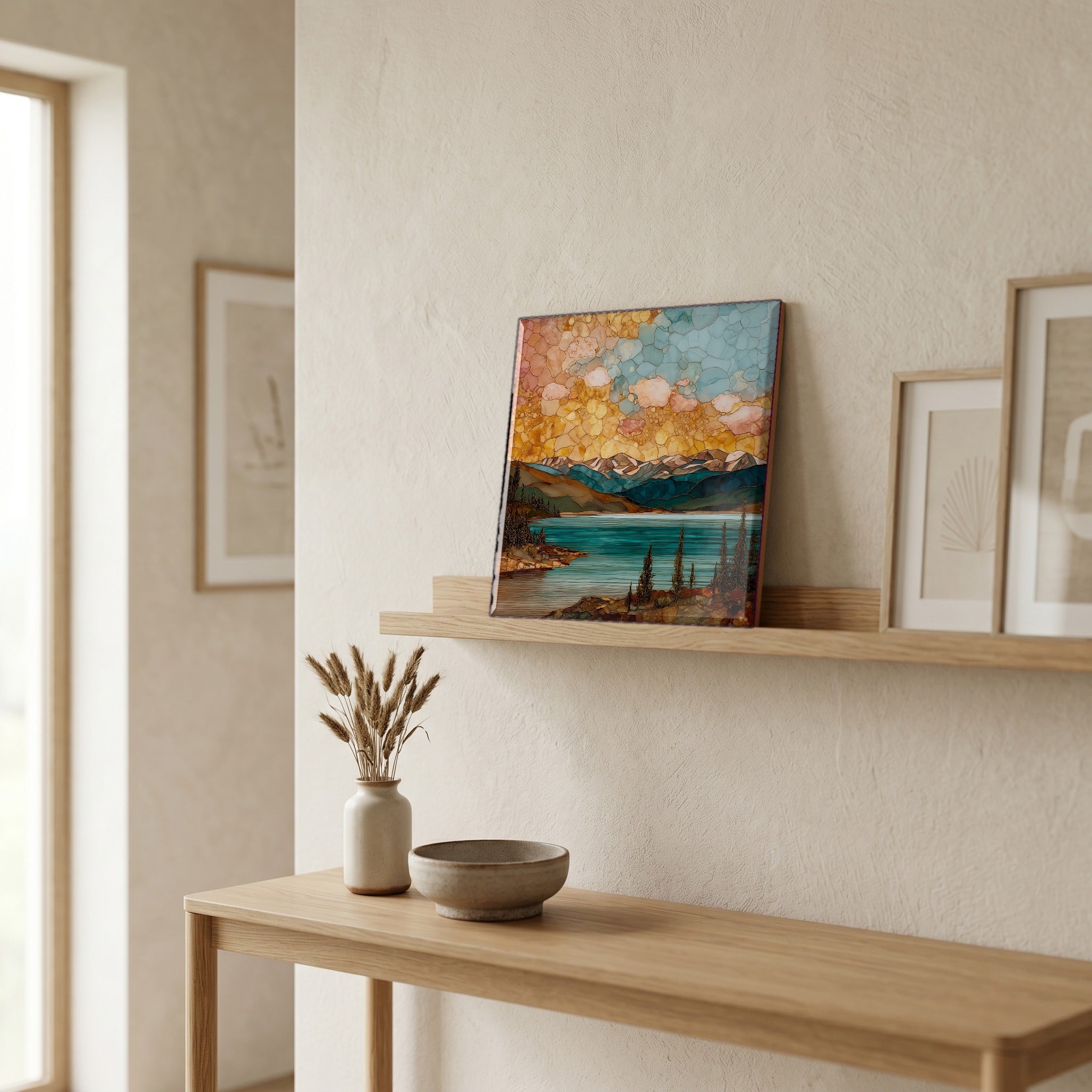 On a picture ledge, where the light comes in.