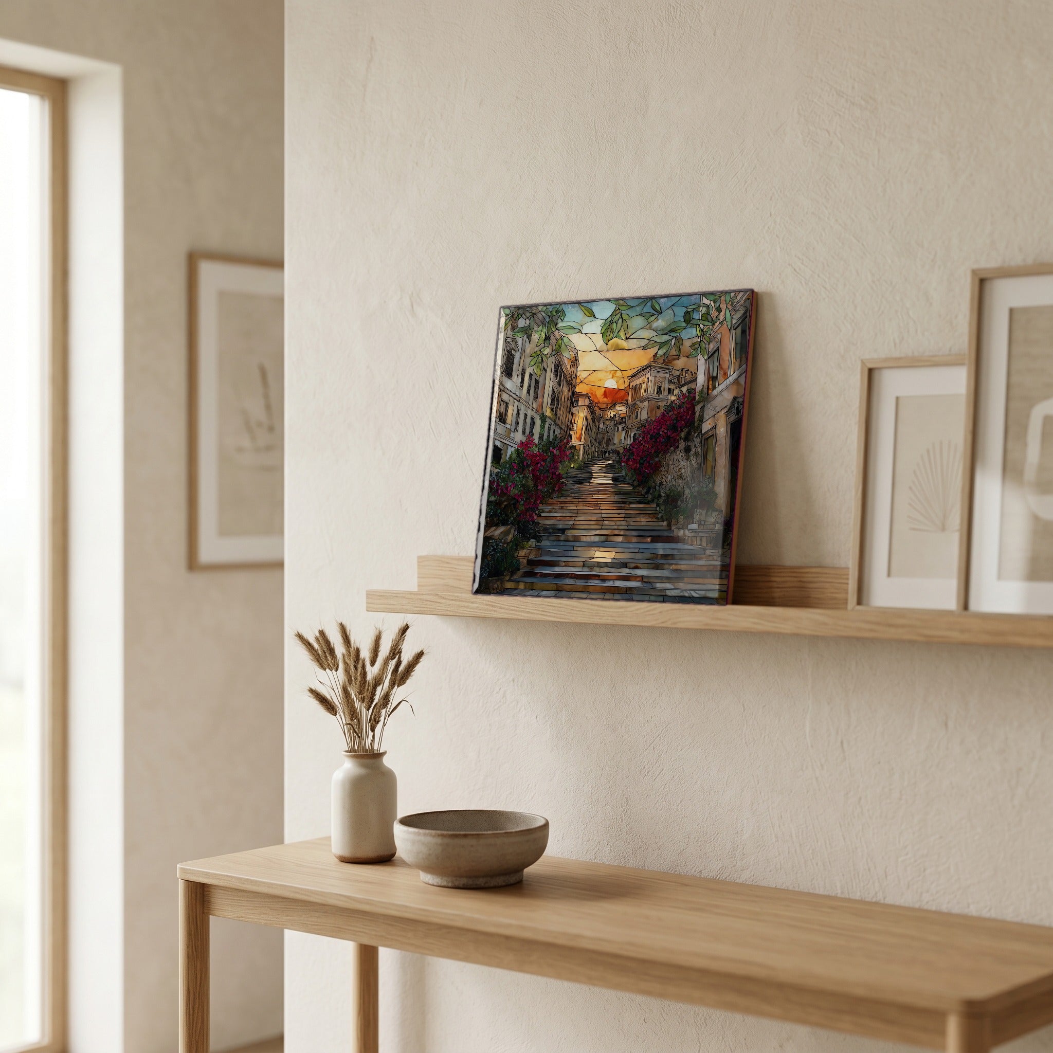 On a picture ledge, where the light comes in.