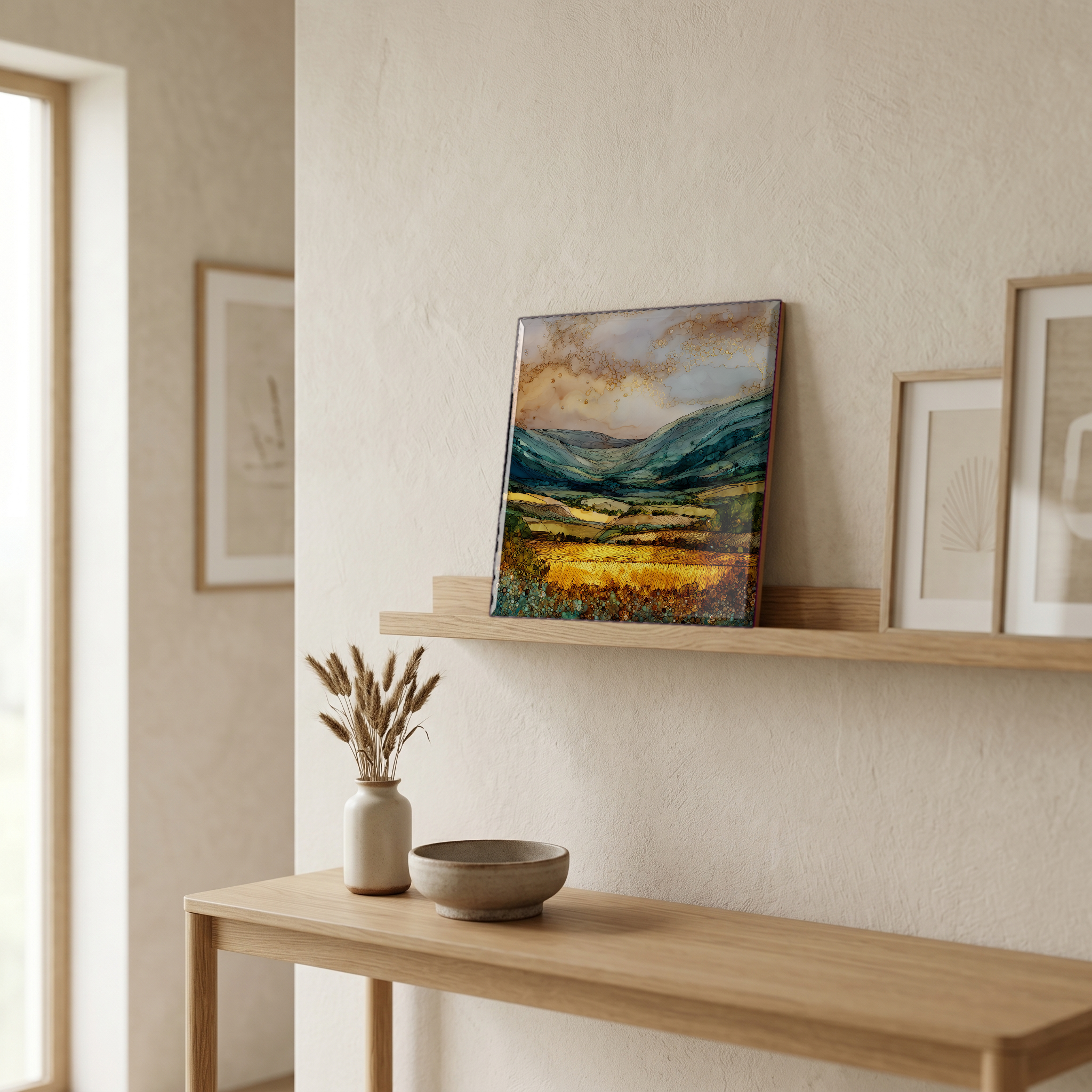 On a picture ledge, where the light comes in.