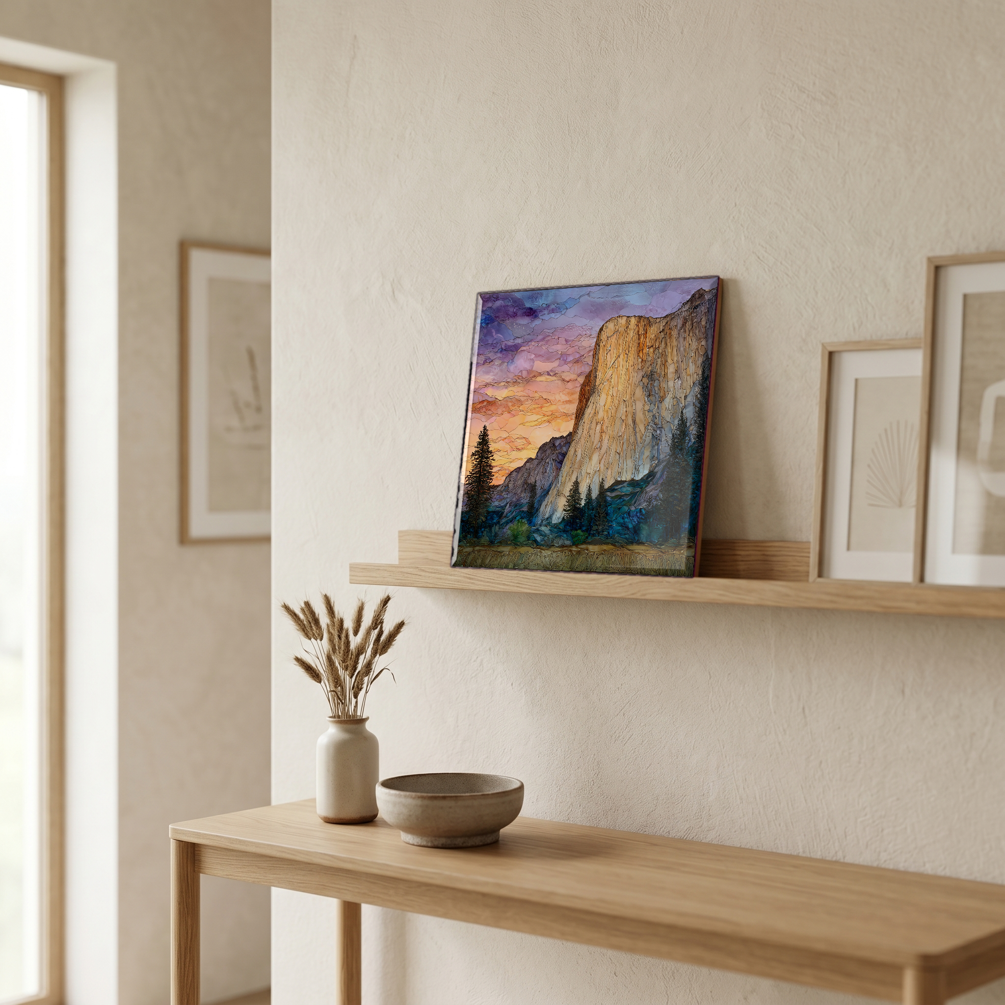 On a picture ledge, where the light comes in.