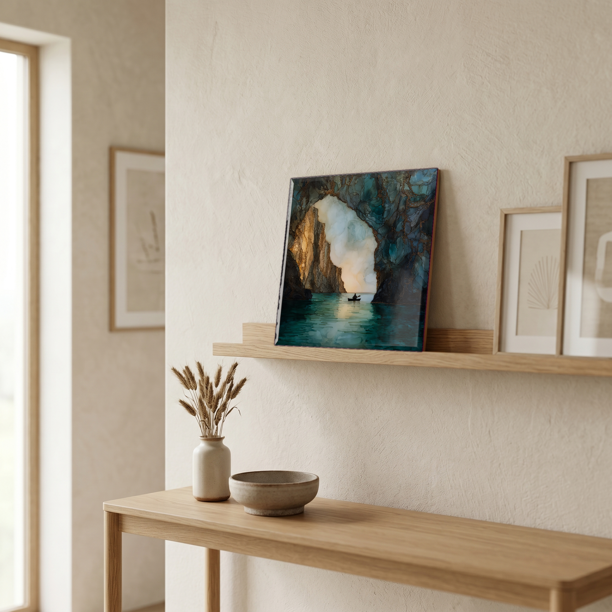 On a picture ledge, where the light comes in.