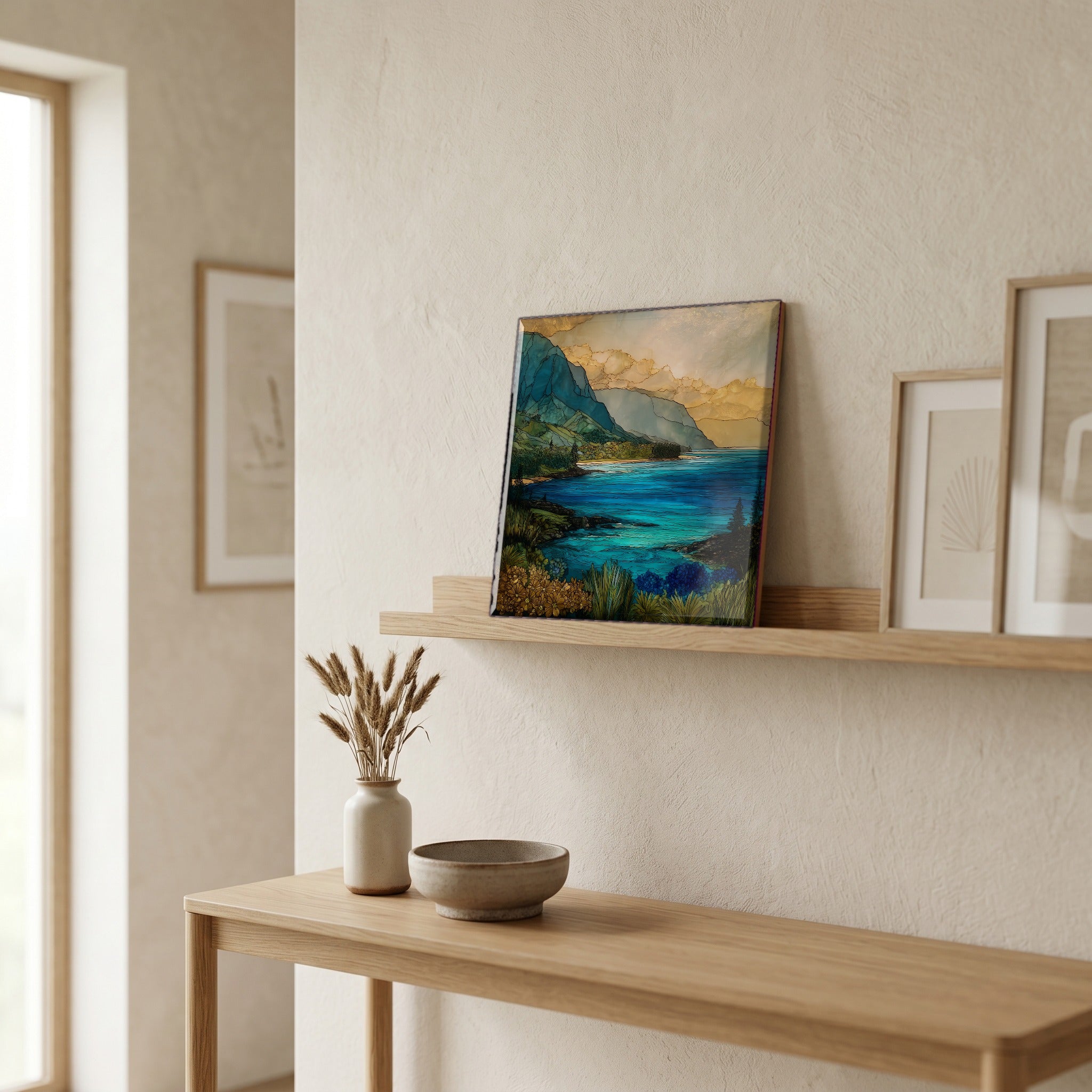 On a picture ledge, where the light comes in.
