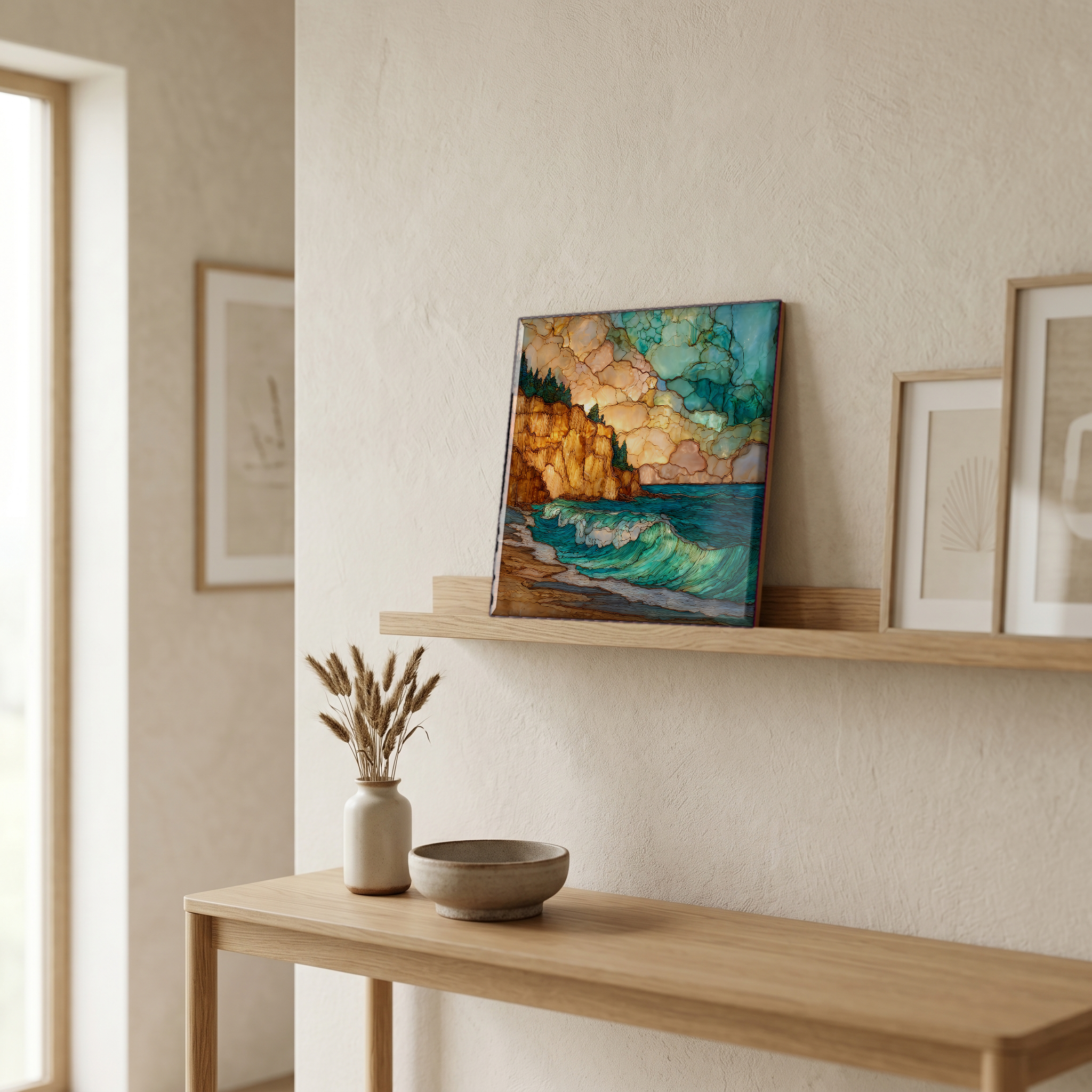 On a picture ledge, where the light comes in.