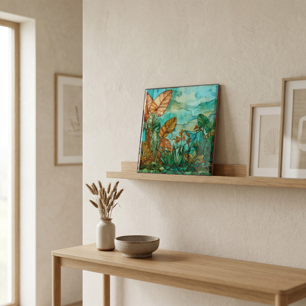 On a picture ledge, where the light comes in.