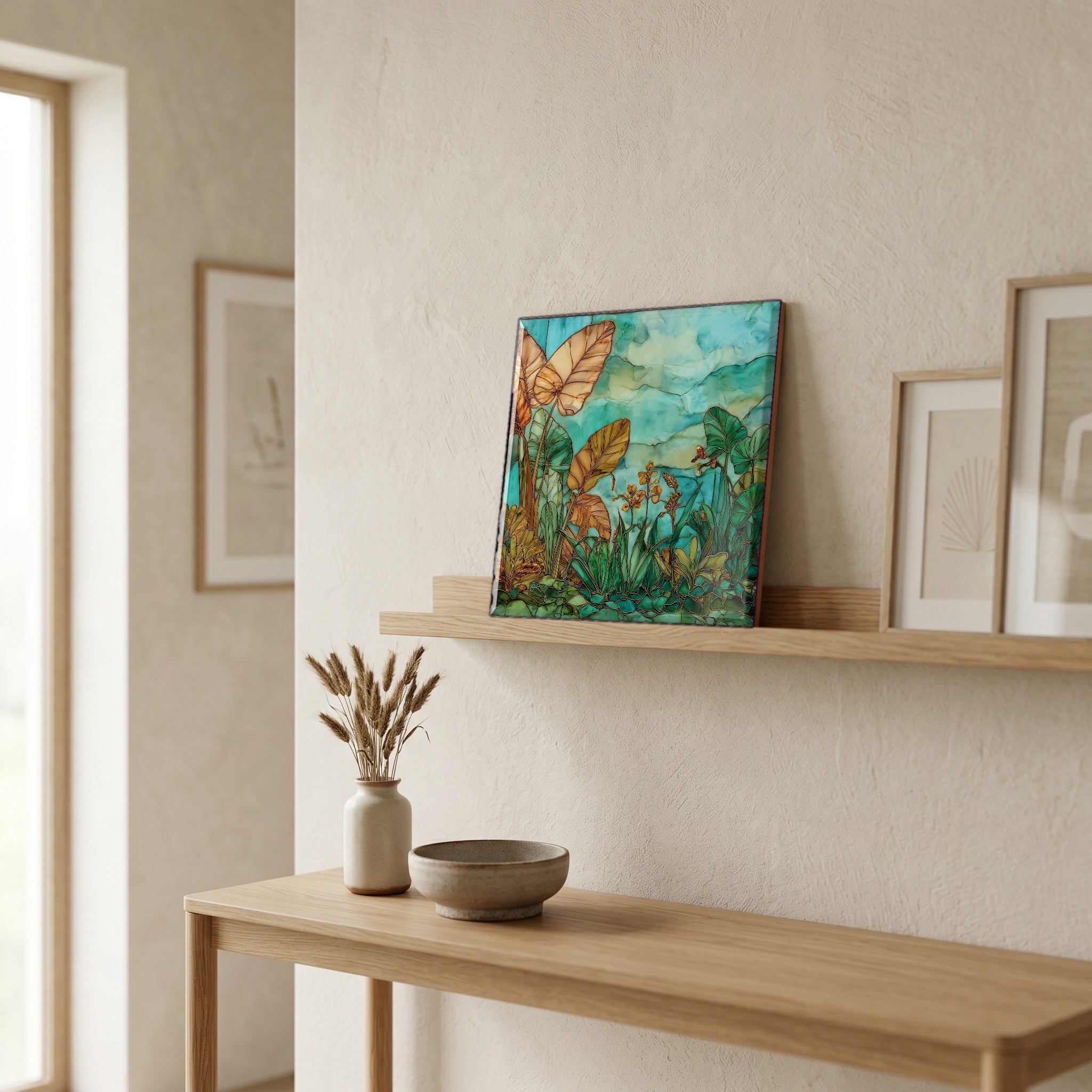 On a picture ledge, where the light comes in.