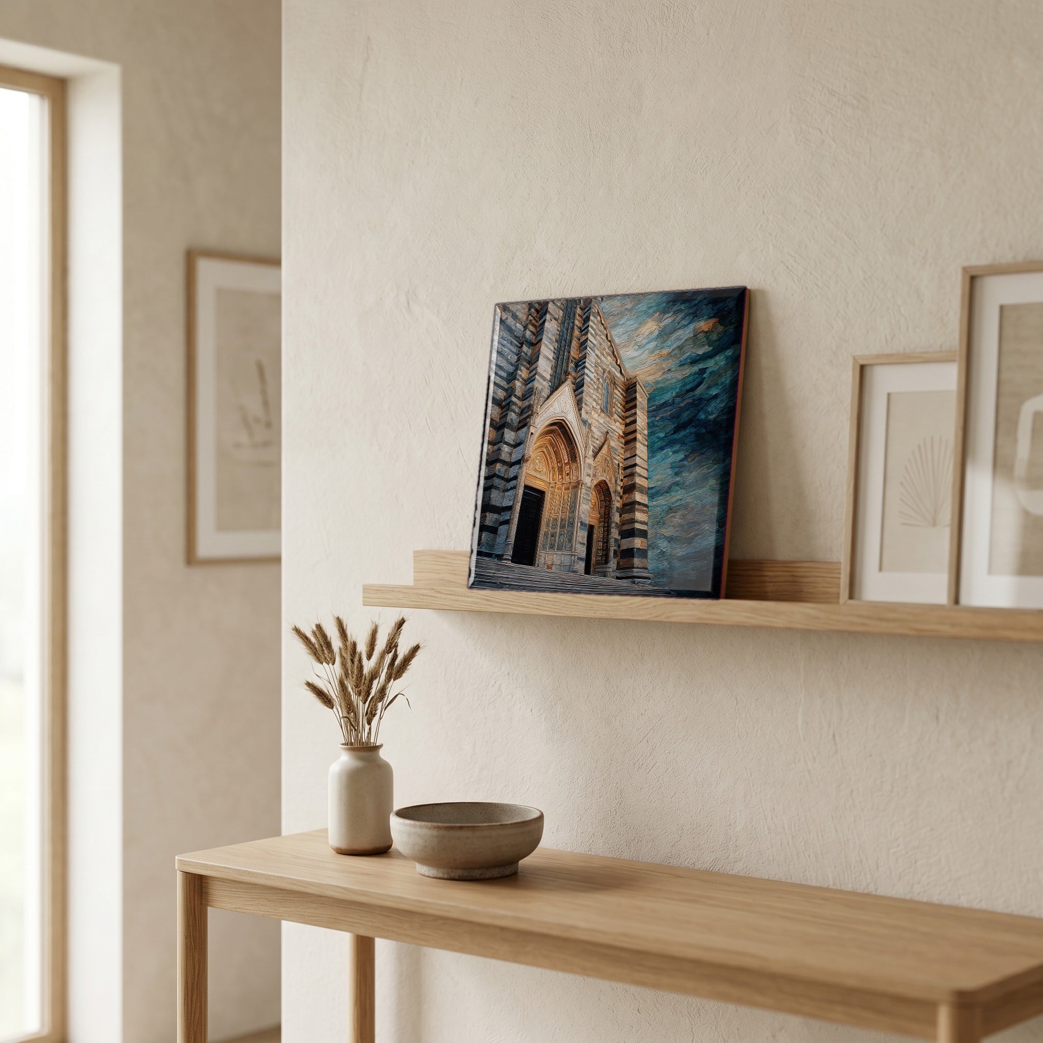 On a picture ledge, where the light comes in.
