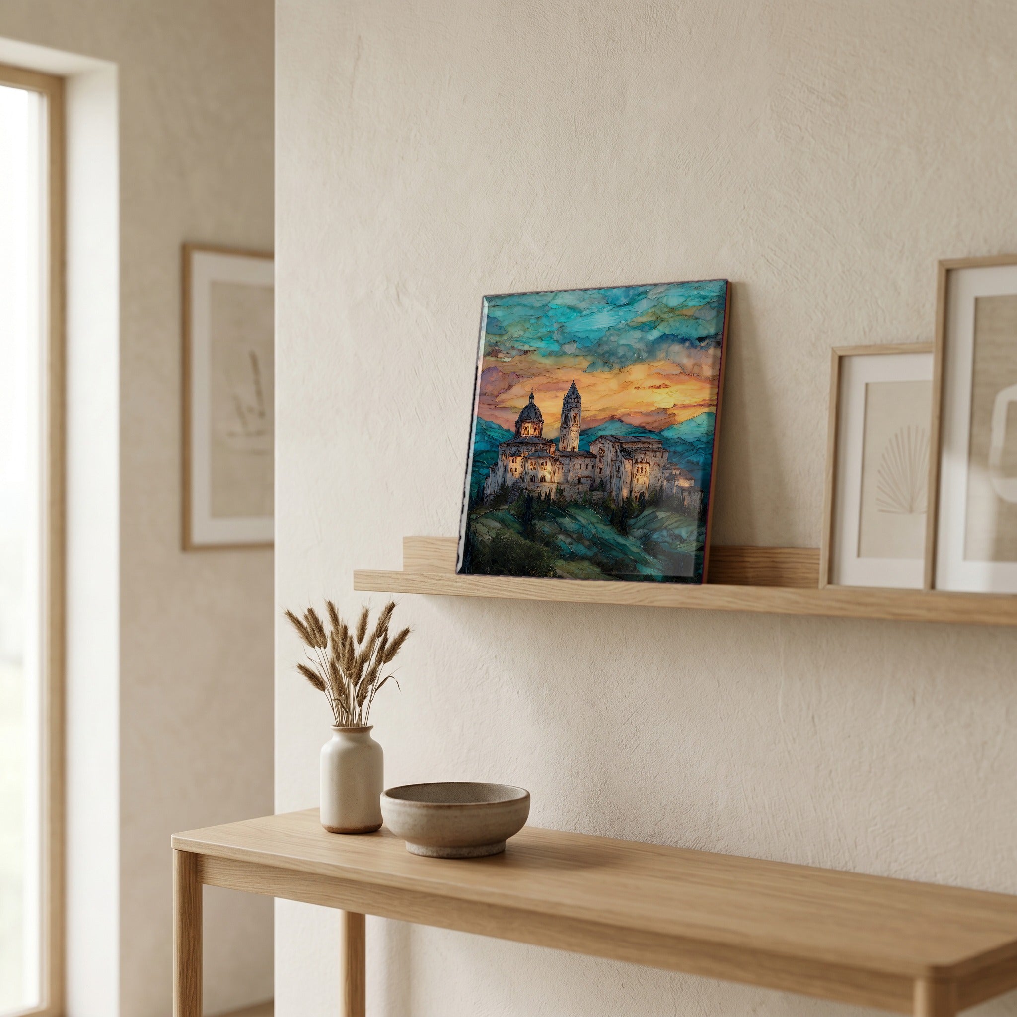 On a picture ledge, where the light comes in.