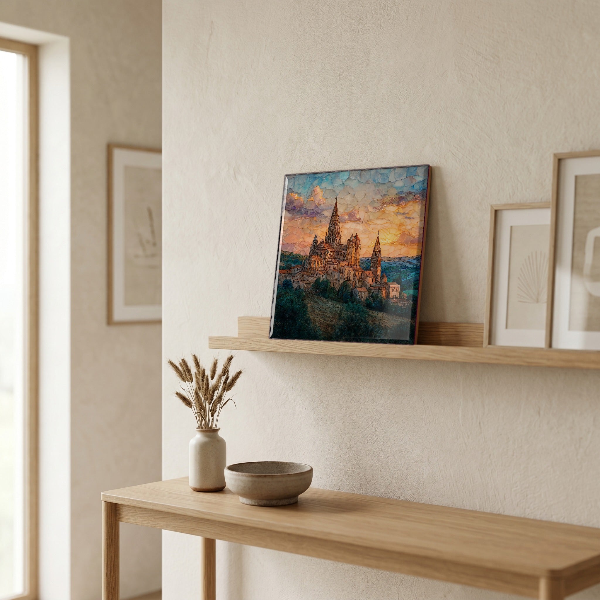 On a picture ledge, where the light comes in.