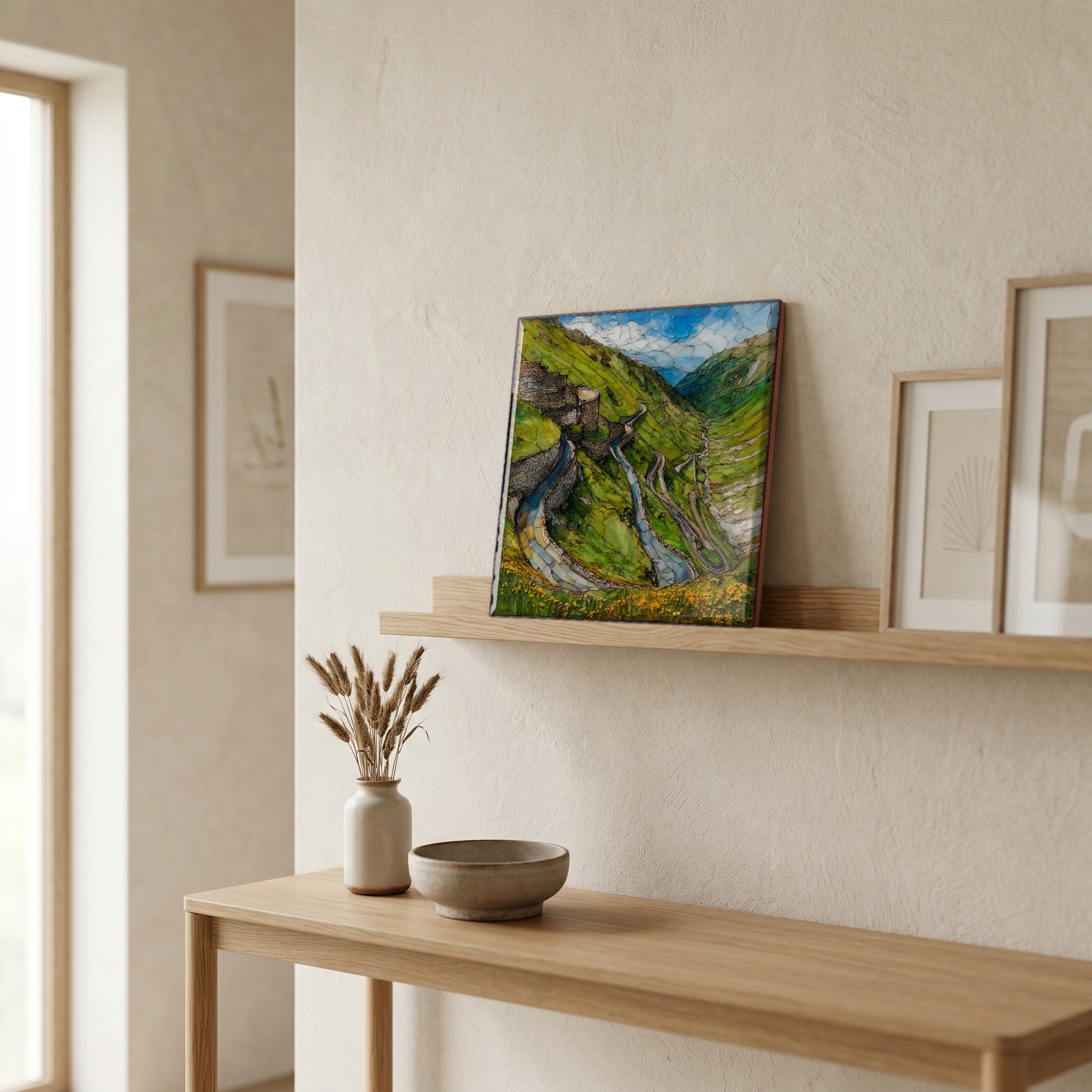 On a picture ledge, where the light comes in.