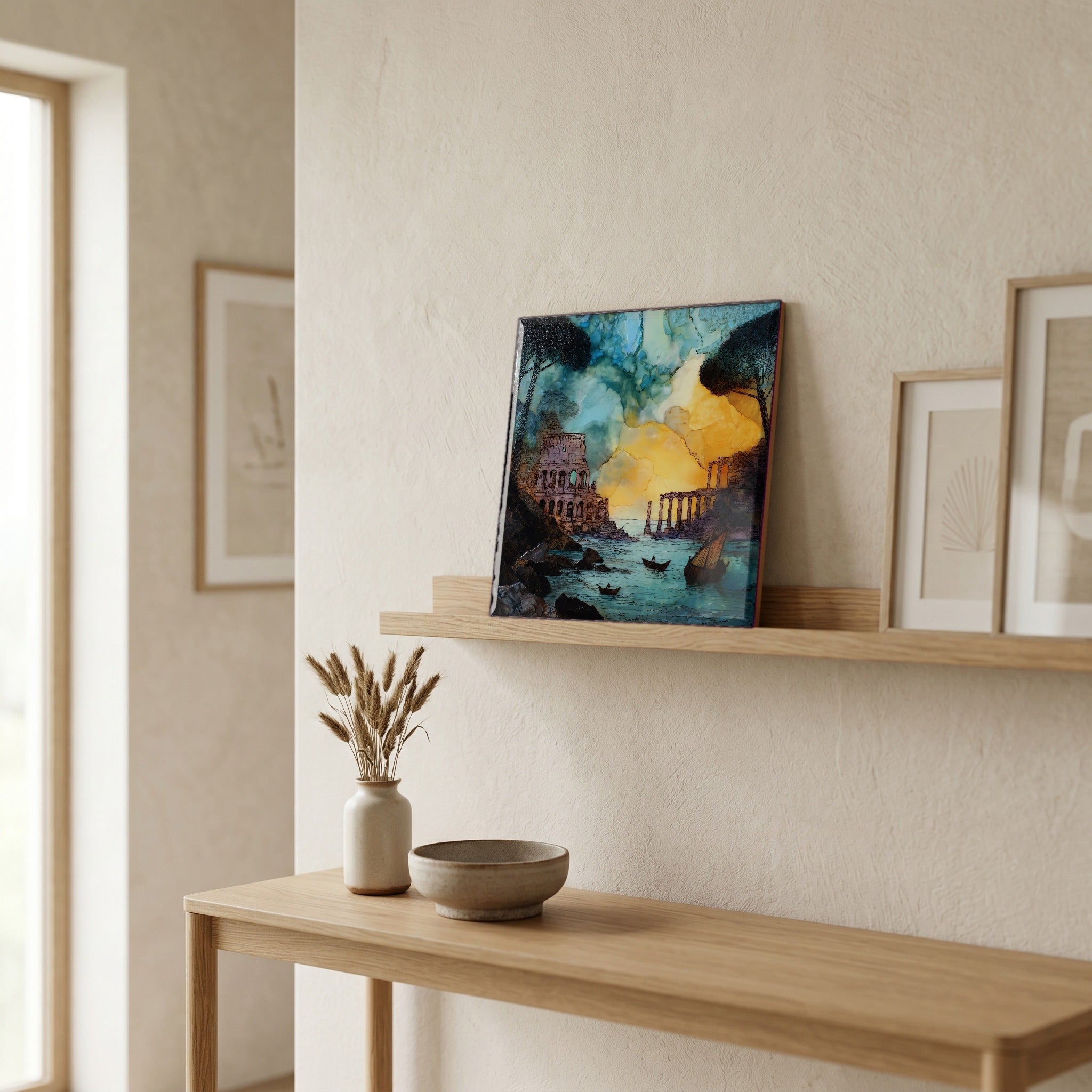 On a picture ledge, where the light comes in.