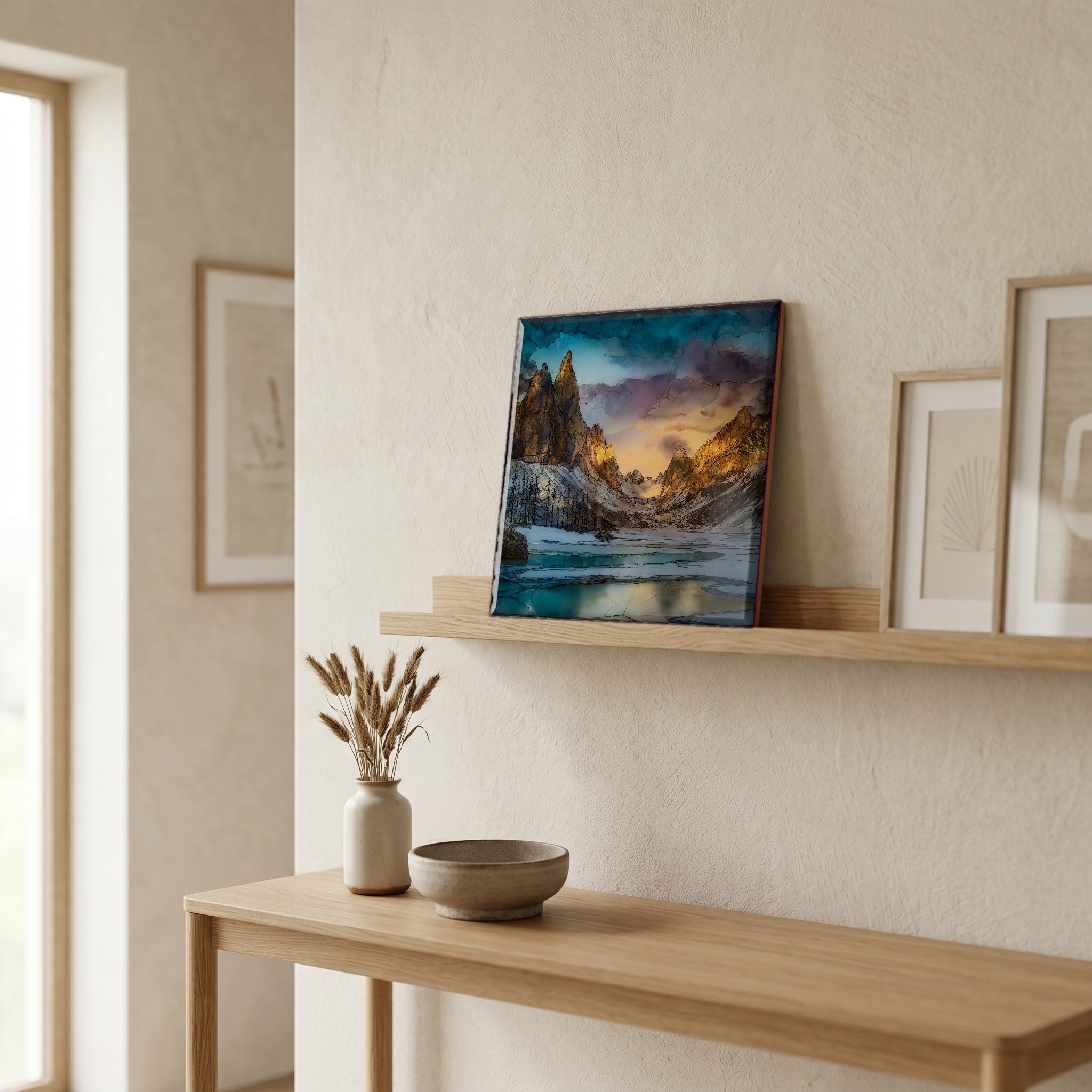 On a picture ledge, where the light comes in.