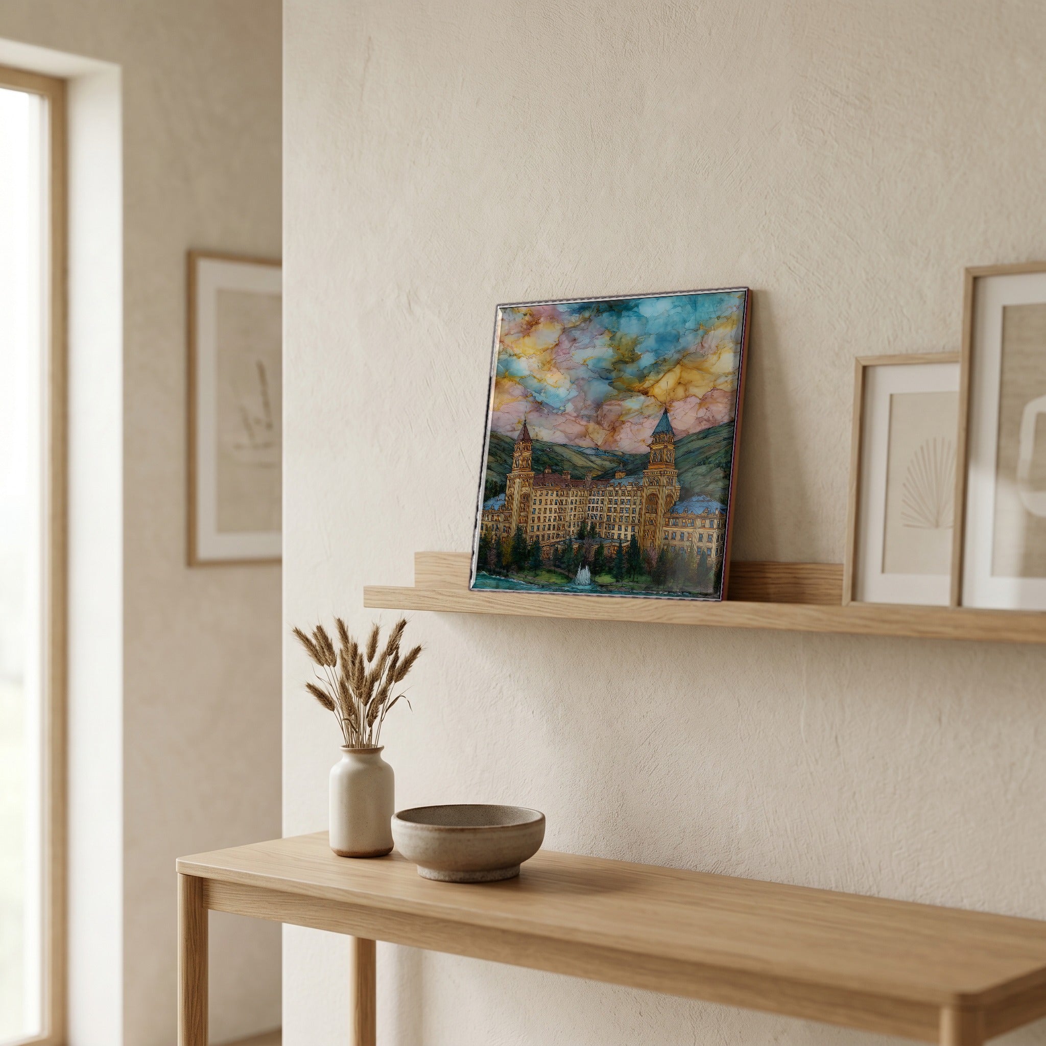 On a picture ledge, where the light comes in.