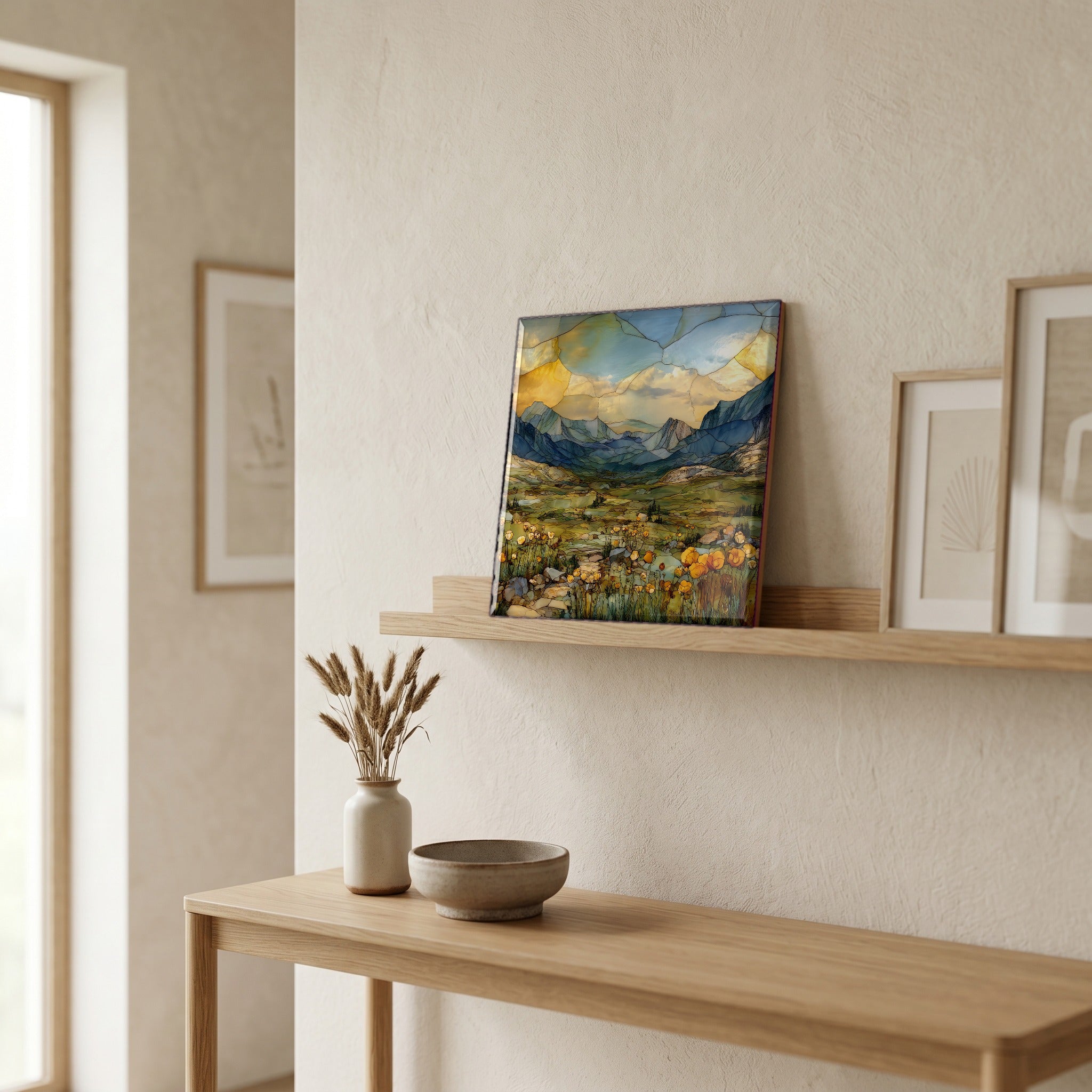 On a picture ledge, where the light comes in.