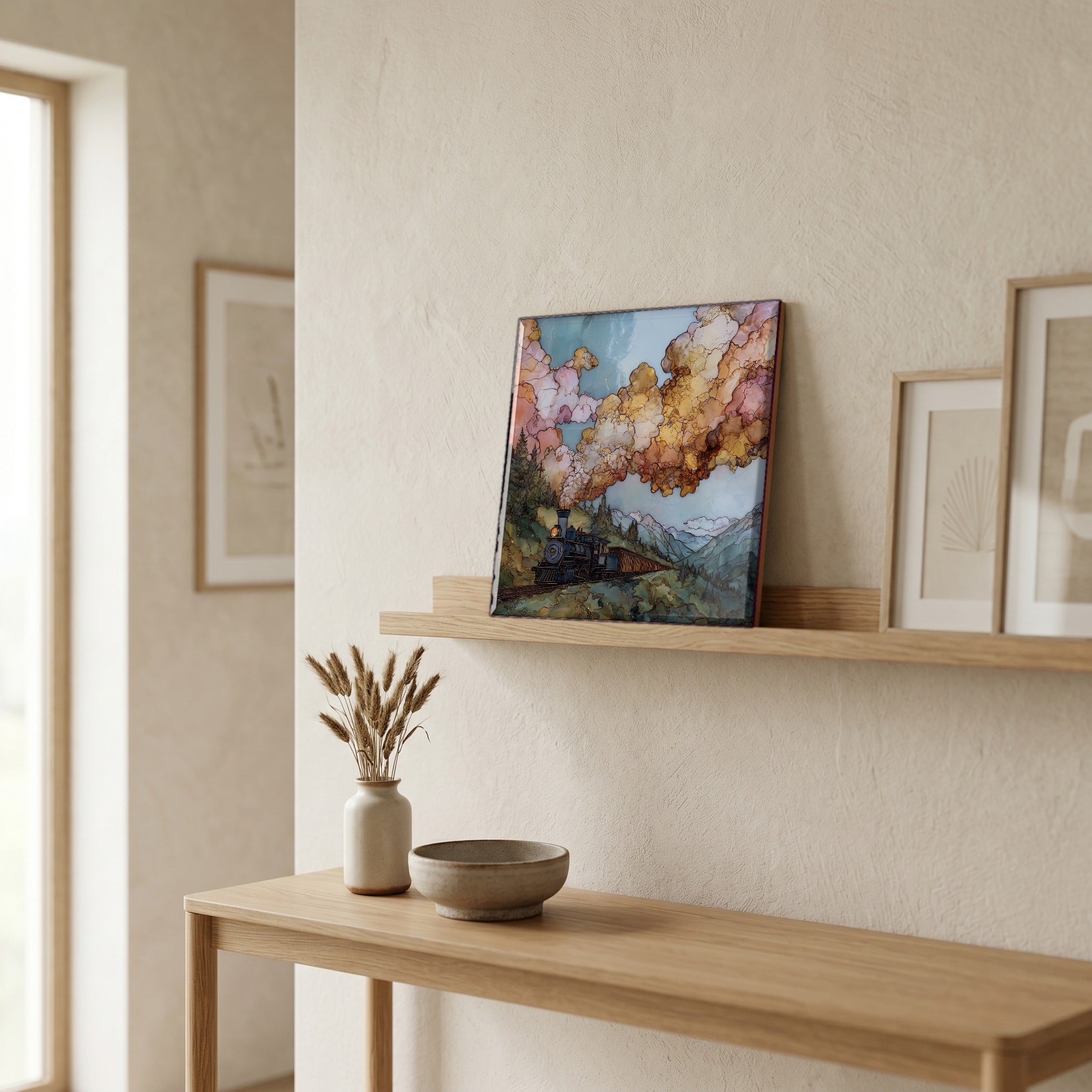 On a picture ledge, where the light comes in.