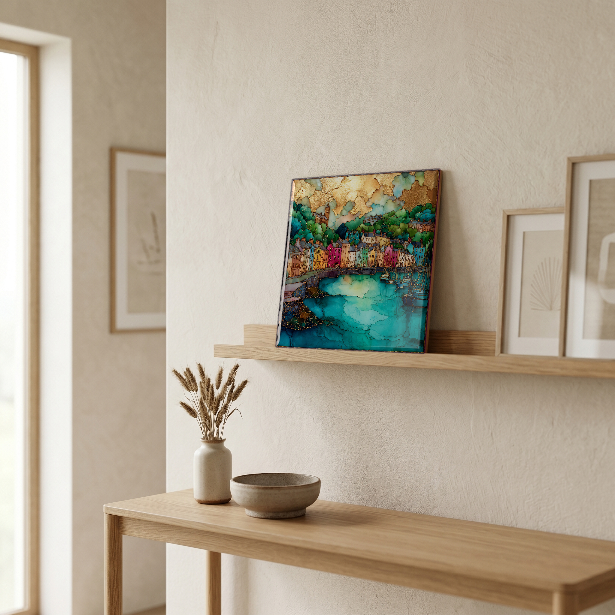 On a picture ledge, where the light comes in.