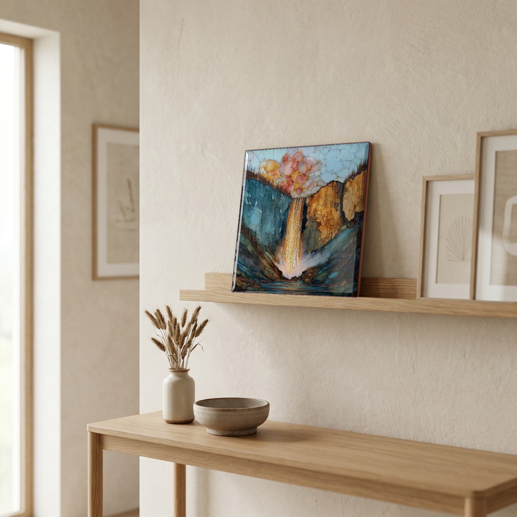 On a picture ledge, where the light comes in.
