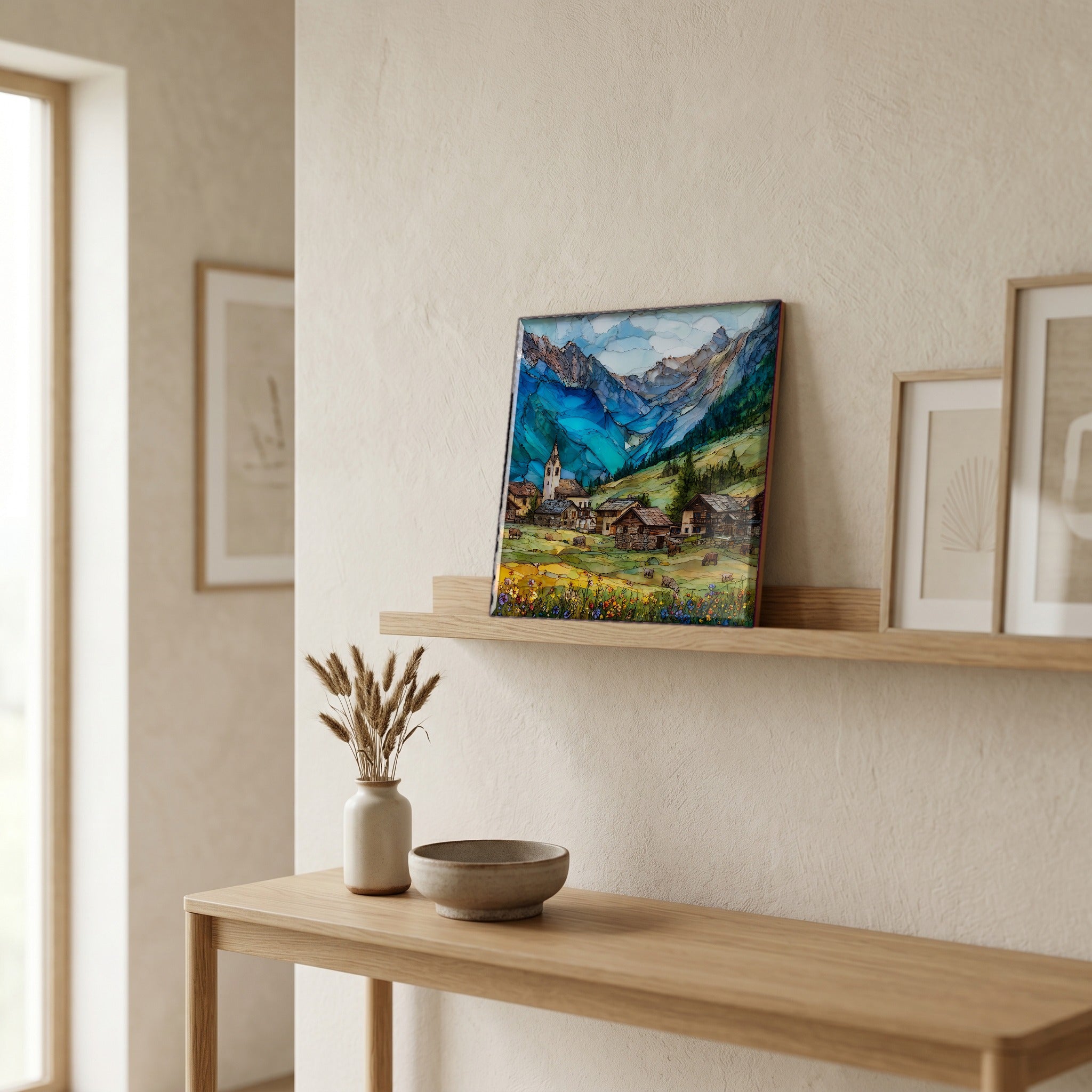 On a picture ledge, where the light comes in.