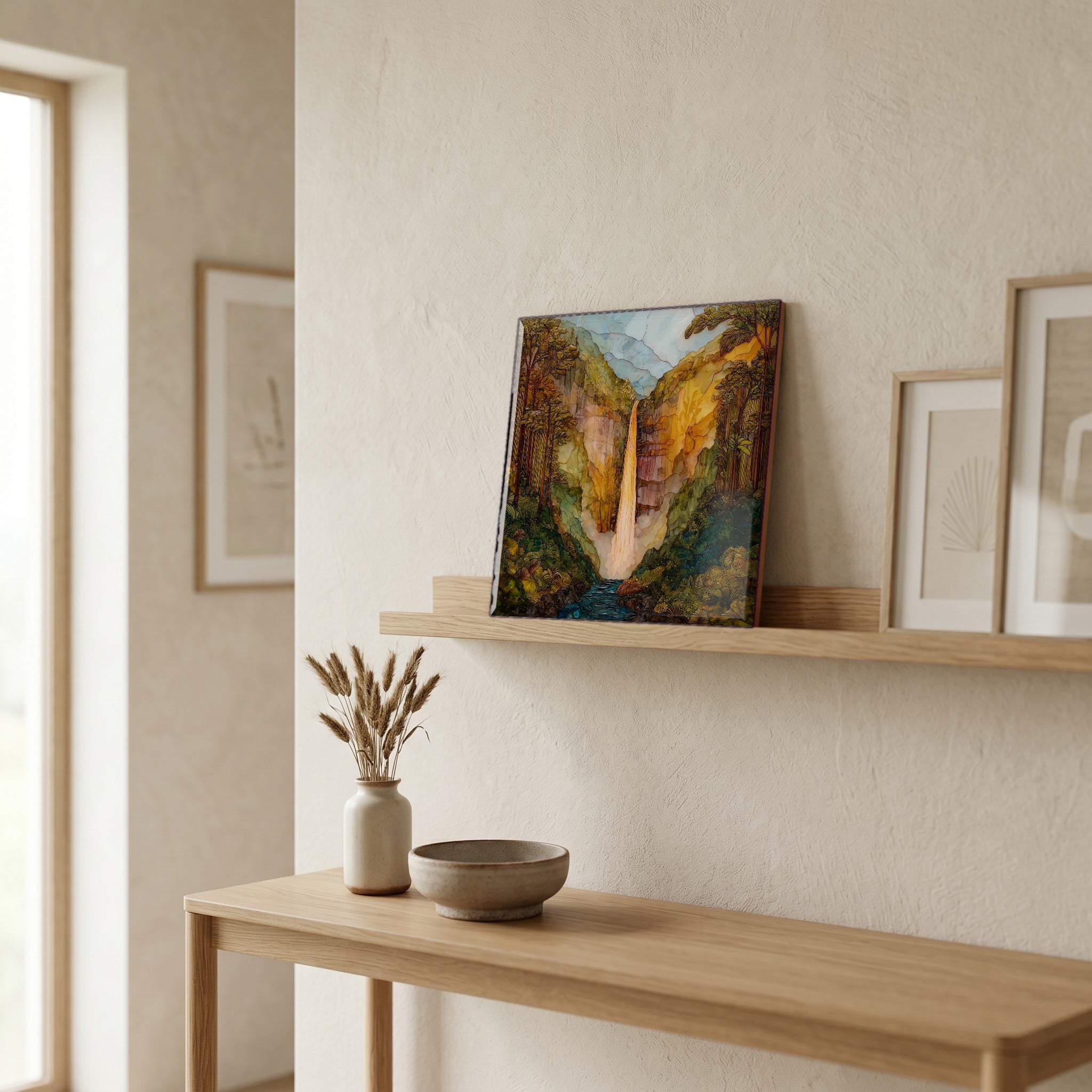 On a picture ledge, where the light comes in.