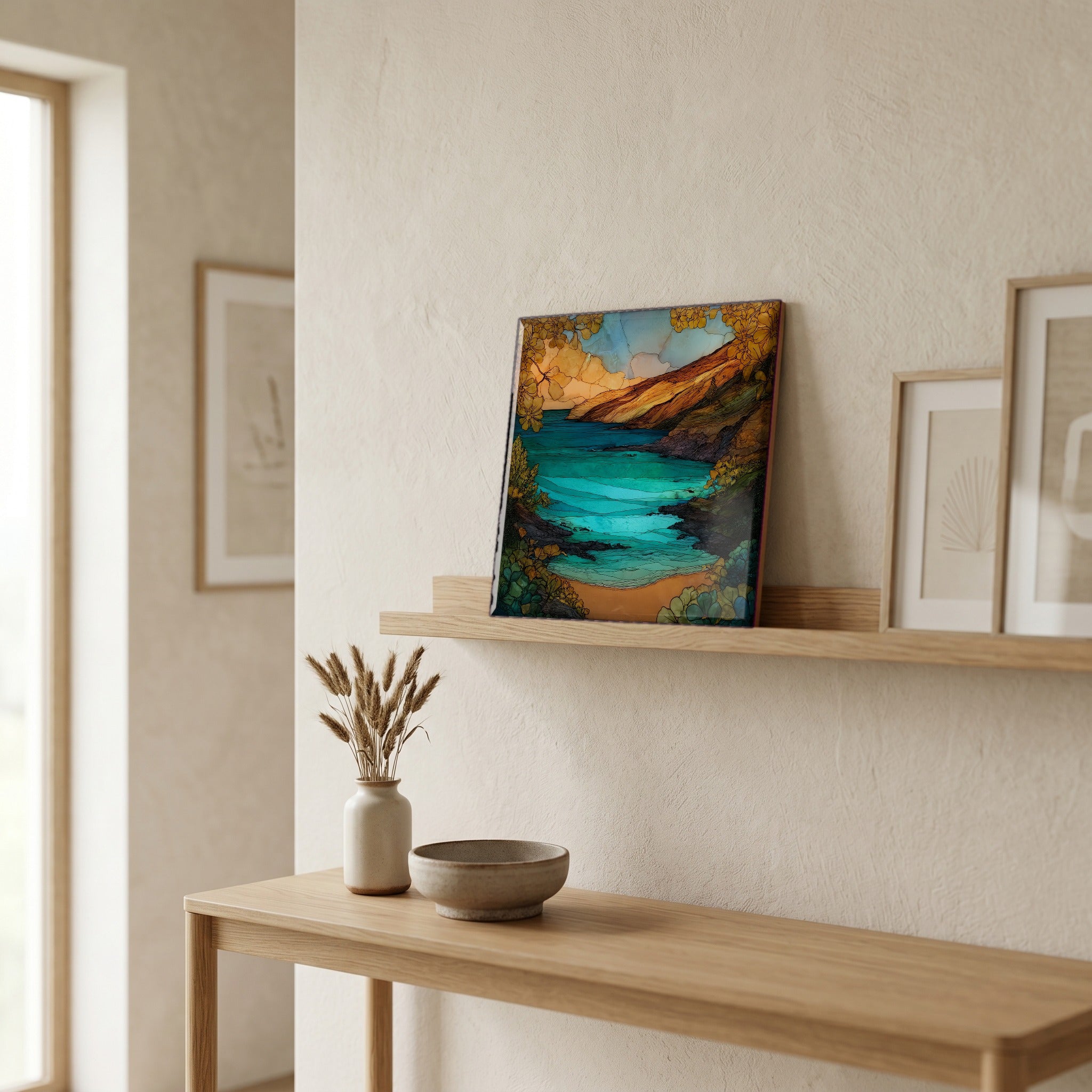 On a picture ledge, where the light comes in.