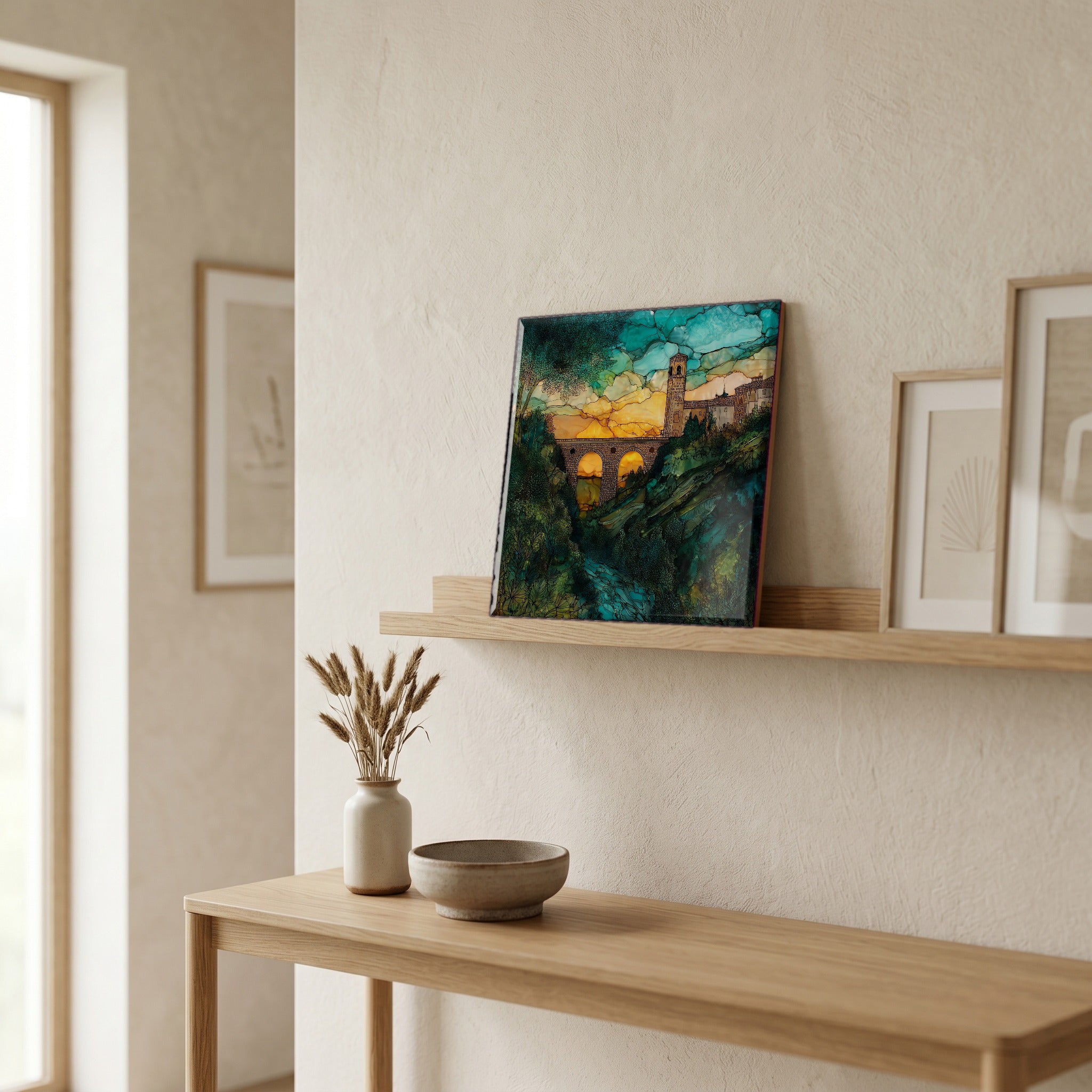 On a picture ledge, where the light comes in.