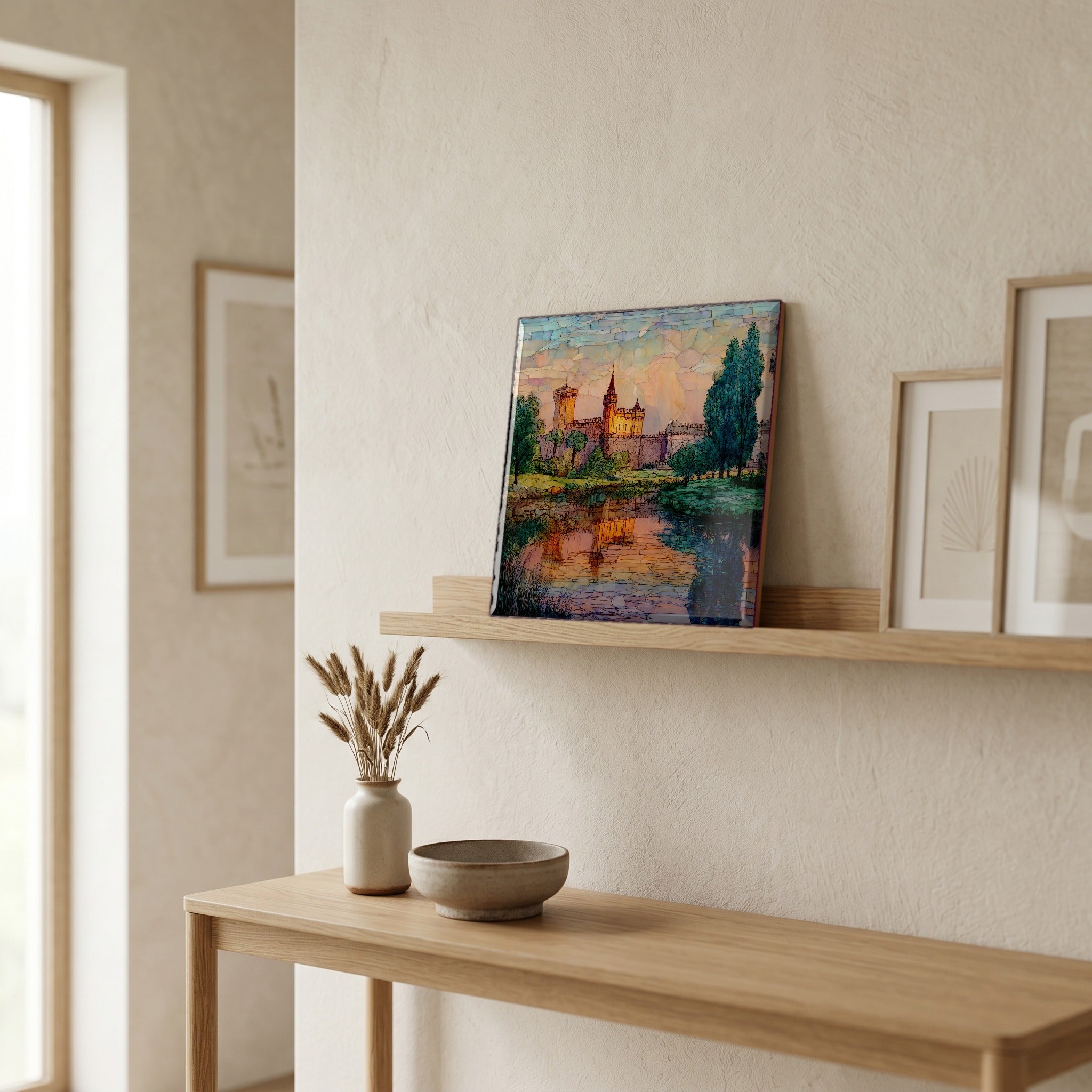 On a picture ledge, where the light comes in.