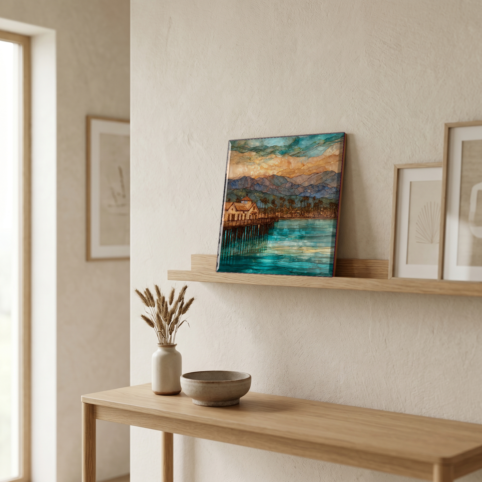 On a picture ledge, where the light comes in.