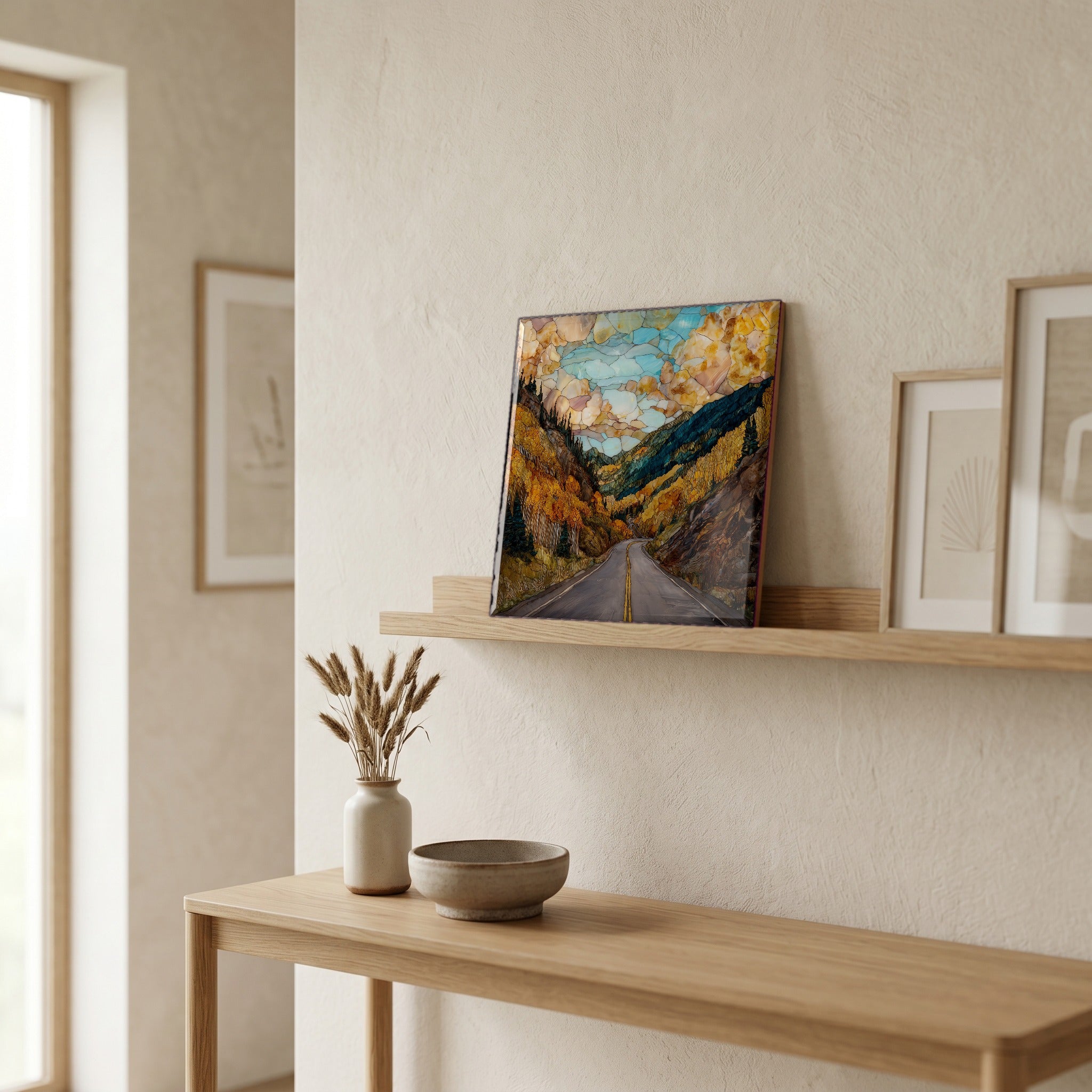 On a picture ledge, where the light comes in.