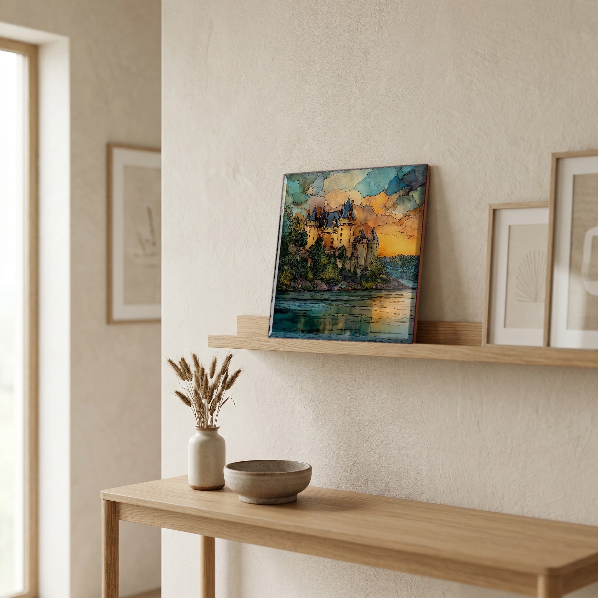On a picture ledge, where the light comes in.