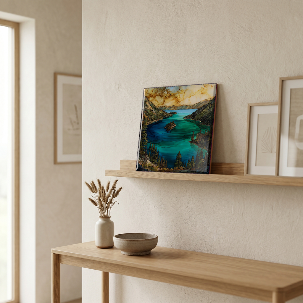 On a picture ledge, where the light comes in.