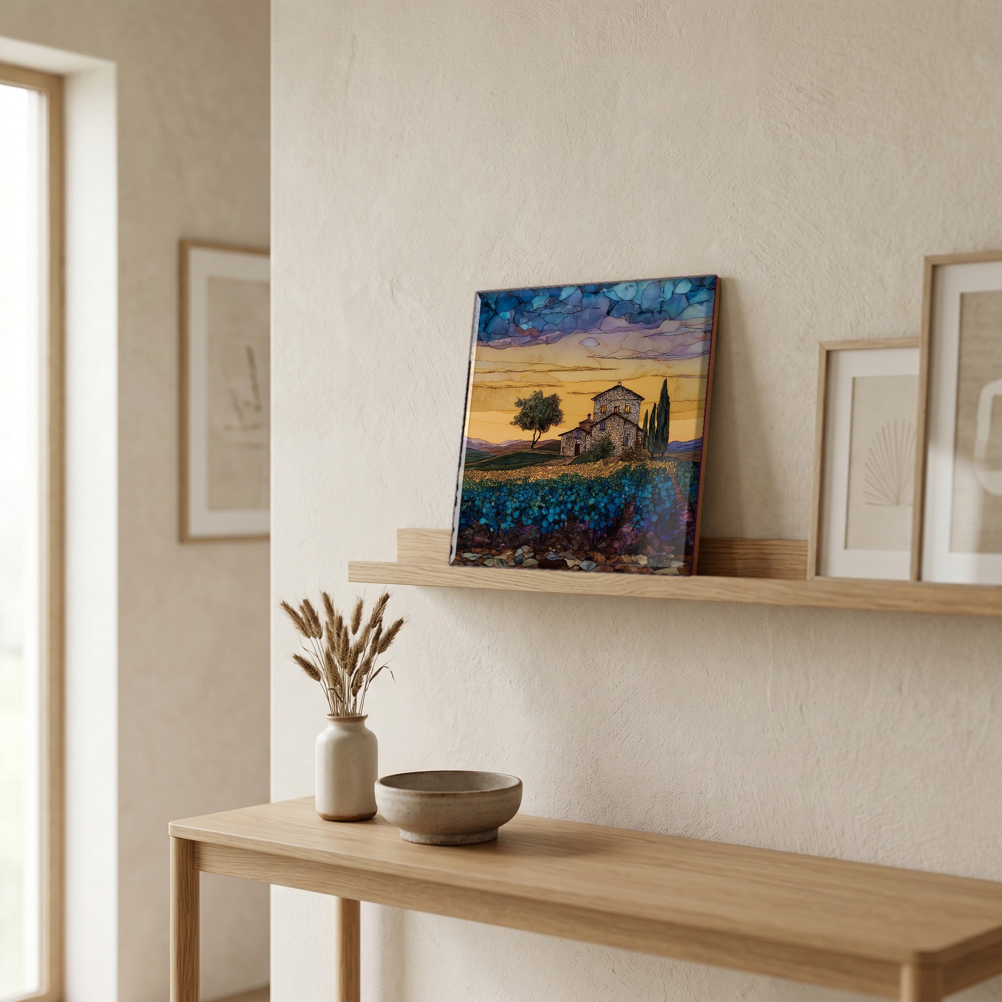 On a picture ledge, where the light comes in.