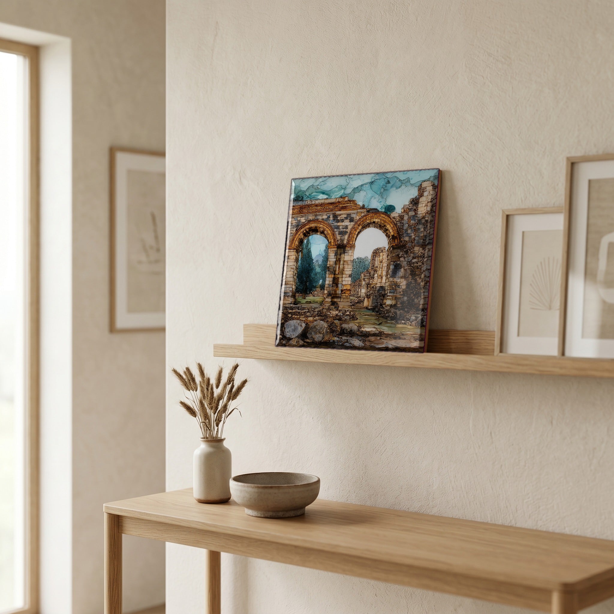 On a picture ledge, where the light comes in.