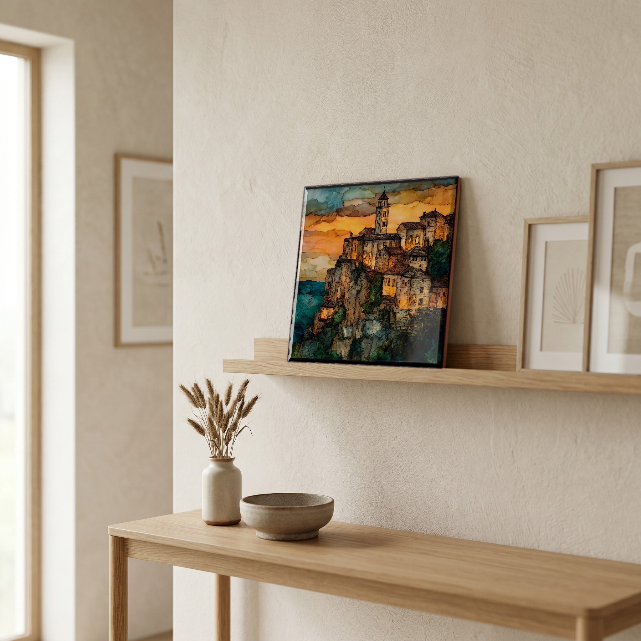 On a picture ledge, where the light comes in.